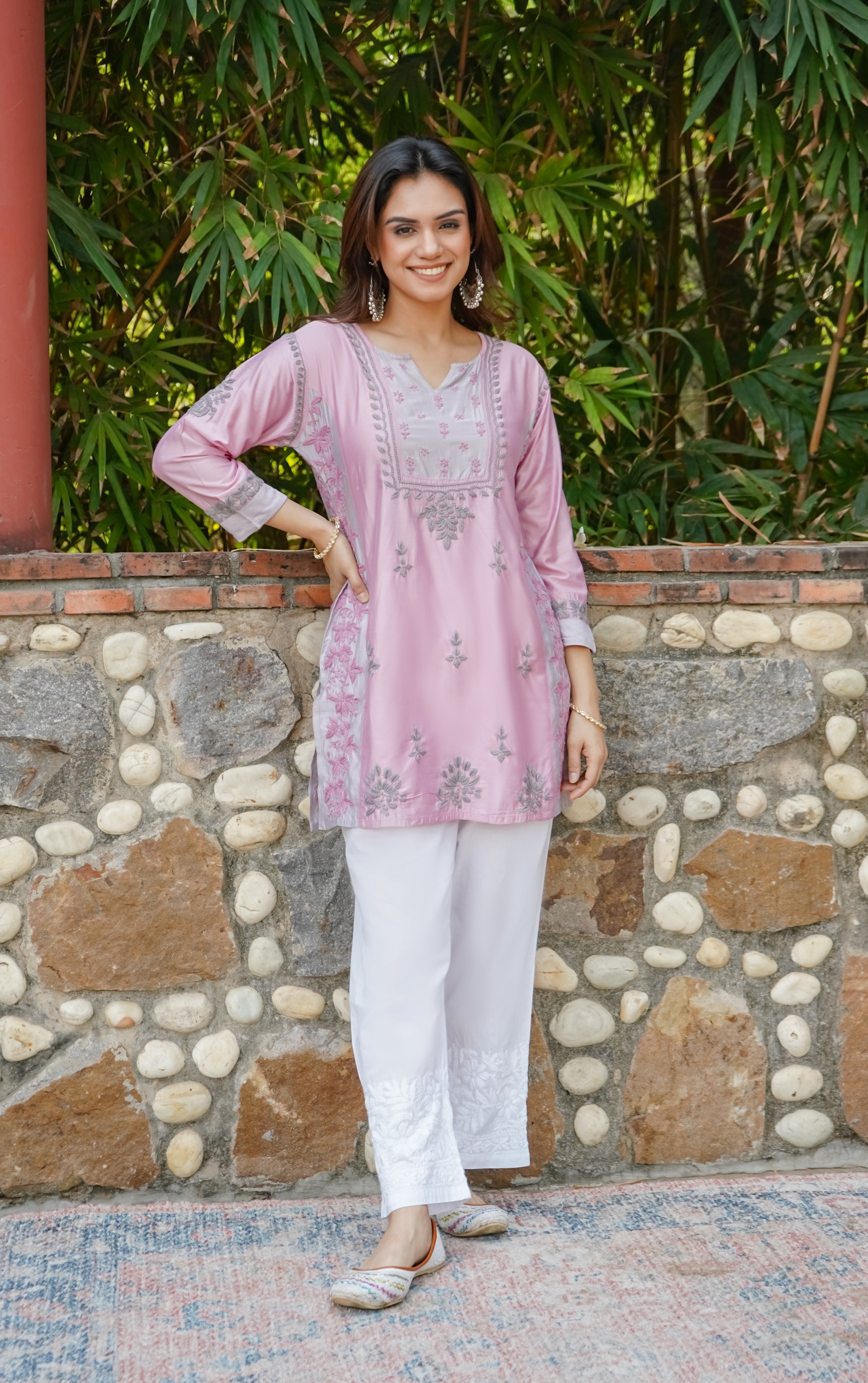 Saba Chikankari Short kurta in Chanderi Silk - Peach with Grey