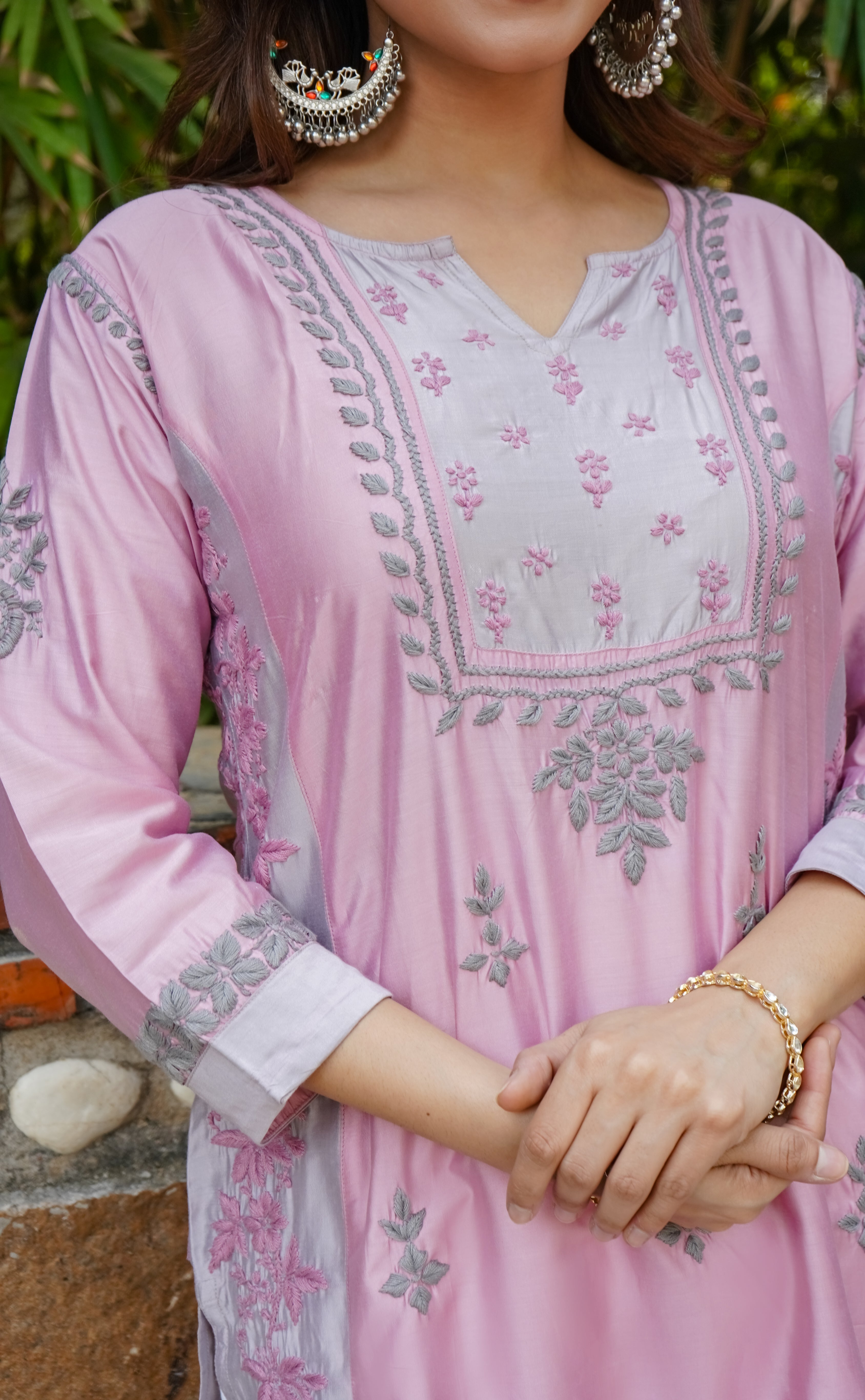 Saba Chikankari Short kurta in Chanderi Silk - Peach with Grey