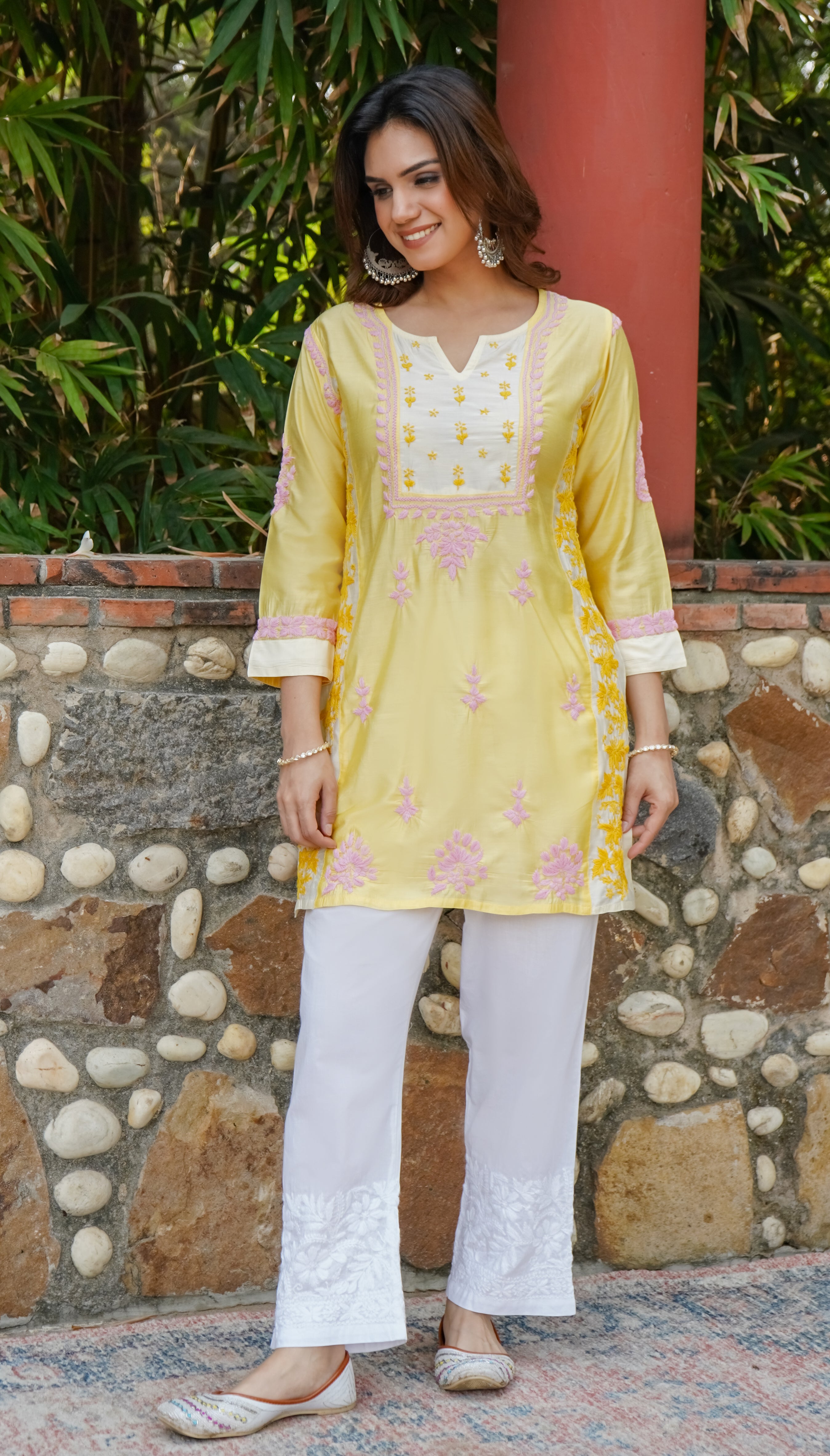 Saba Chikankari Short kurta in Chanderi Silk - Yellow Peach