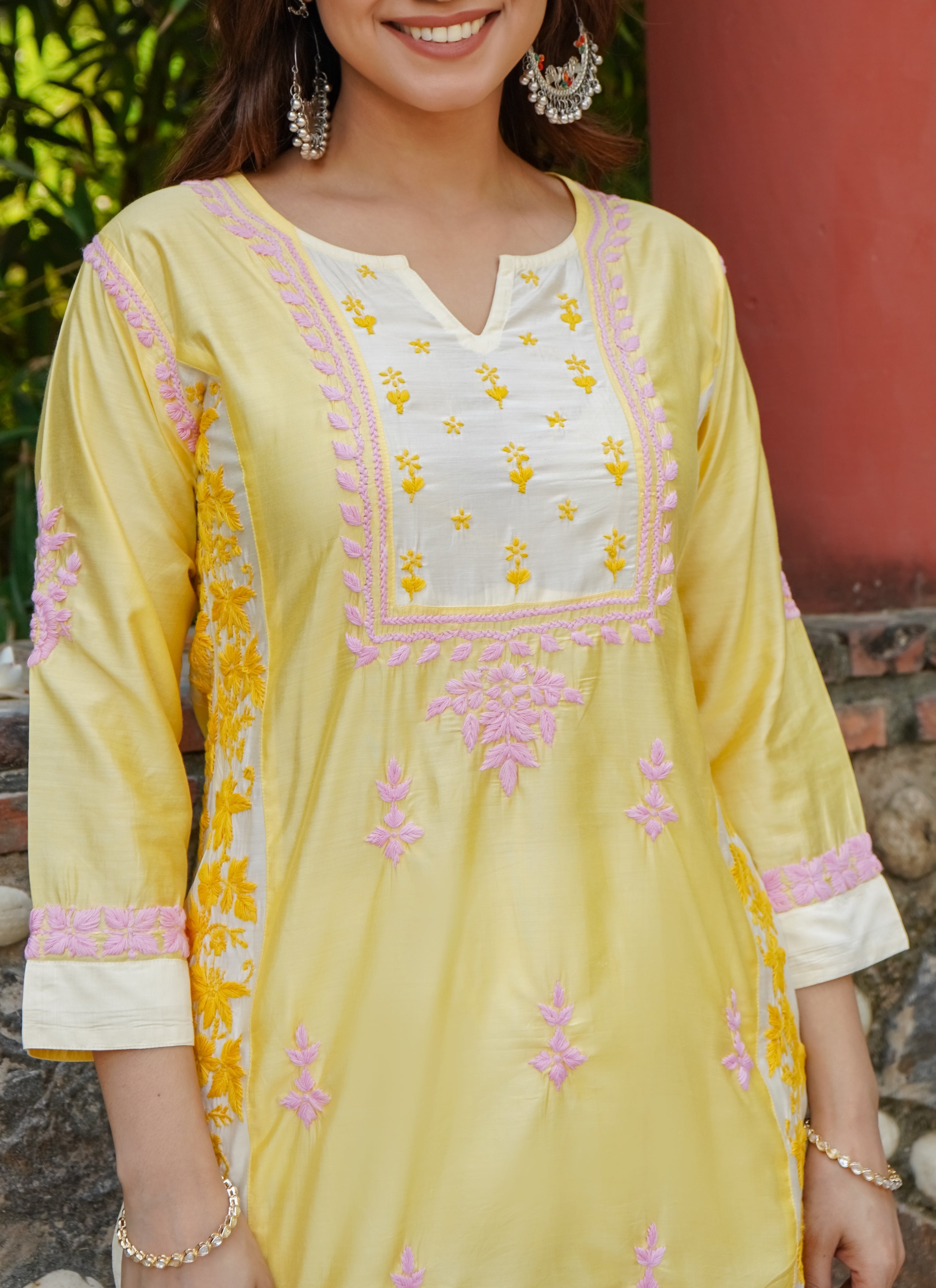 Saba Chikankari Short kurta in Chanderi Silk - Yellow Peach