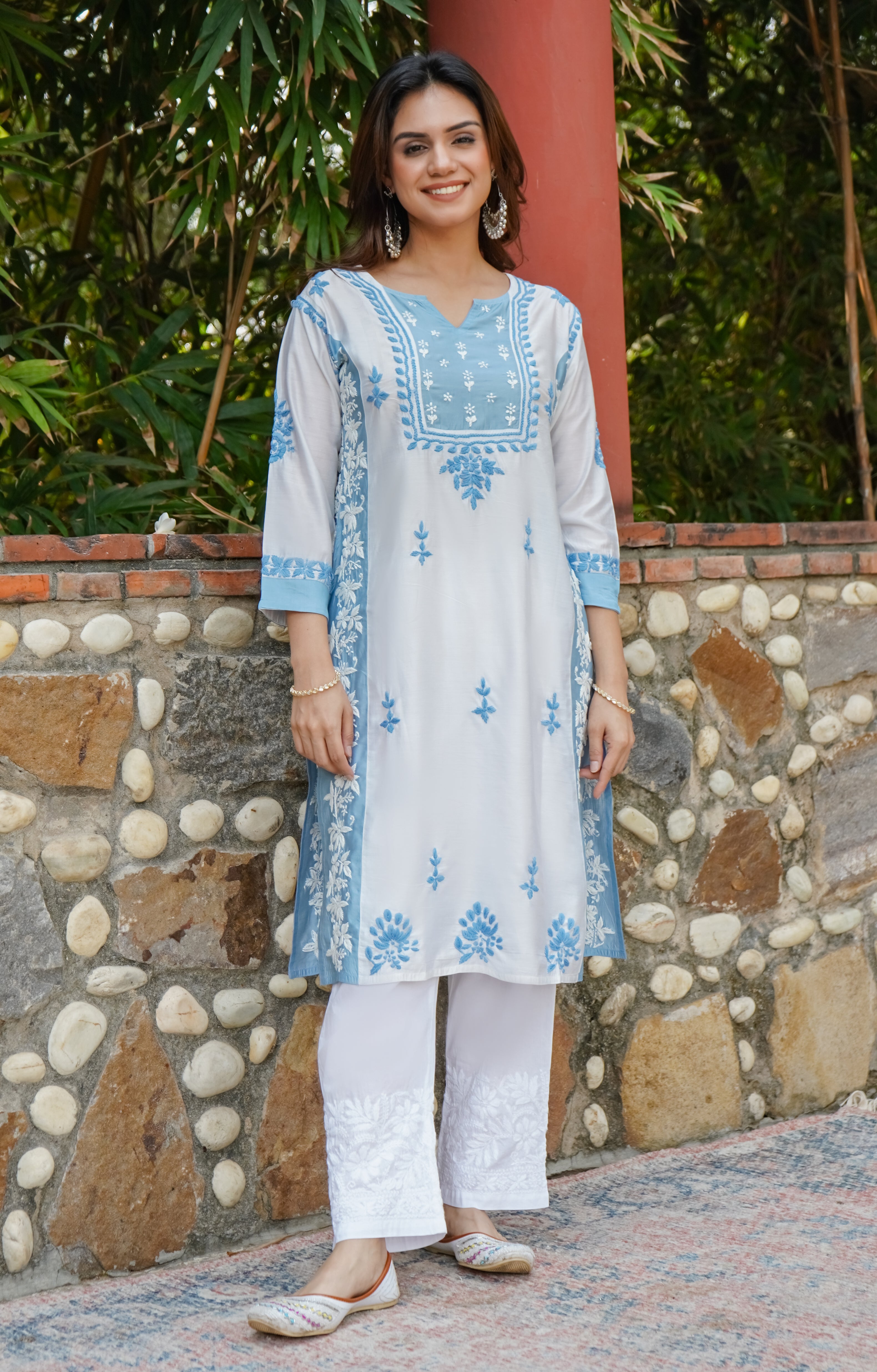 Saba Chikankari kurta in Chanderi Silk - White With Blue