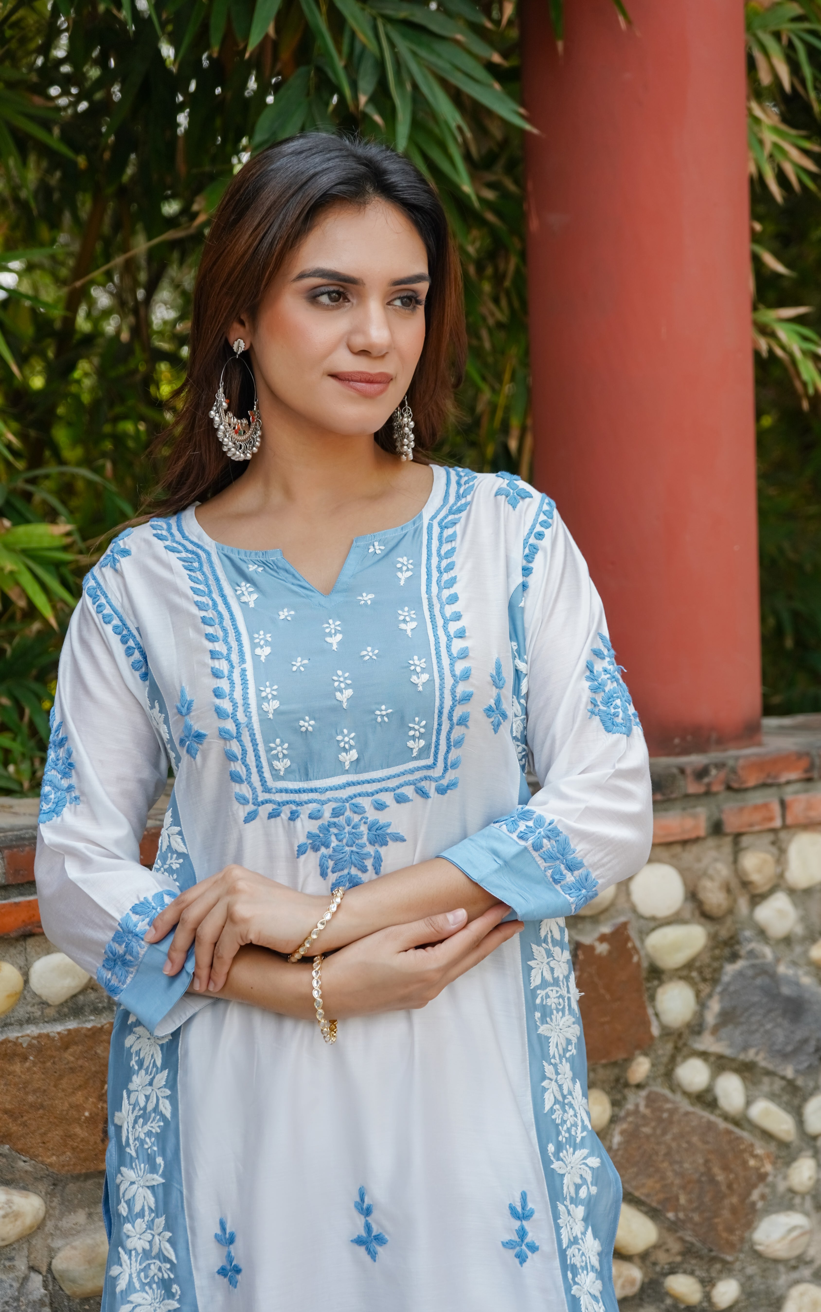 Saba Chikankari kurta in Chanderi Silk - White With Blue