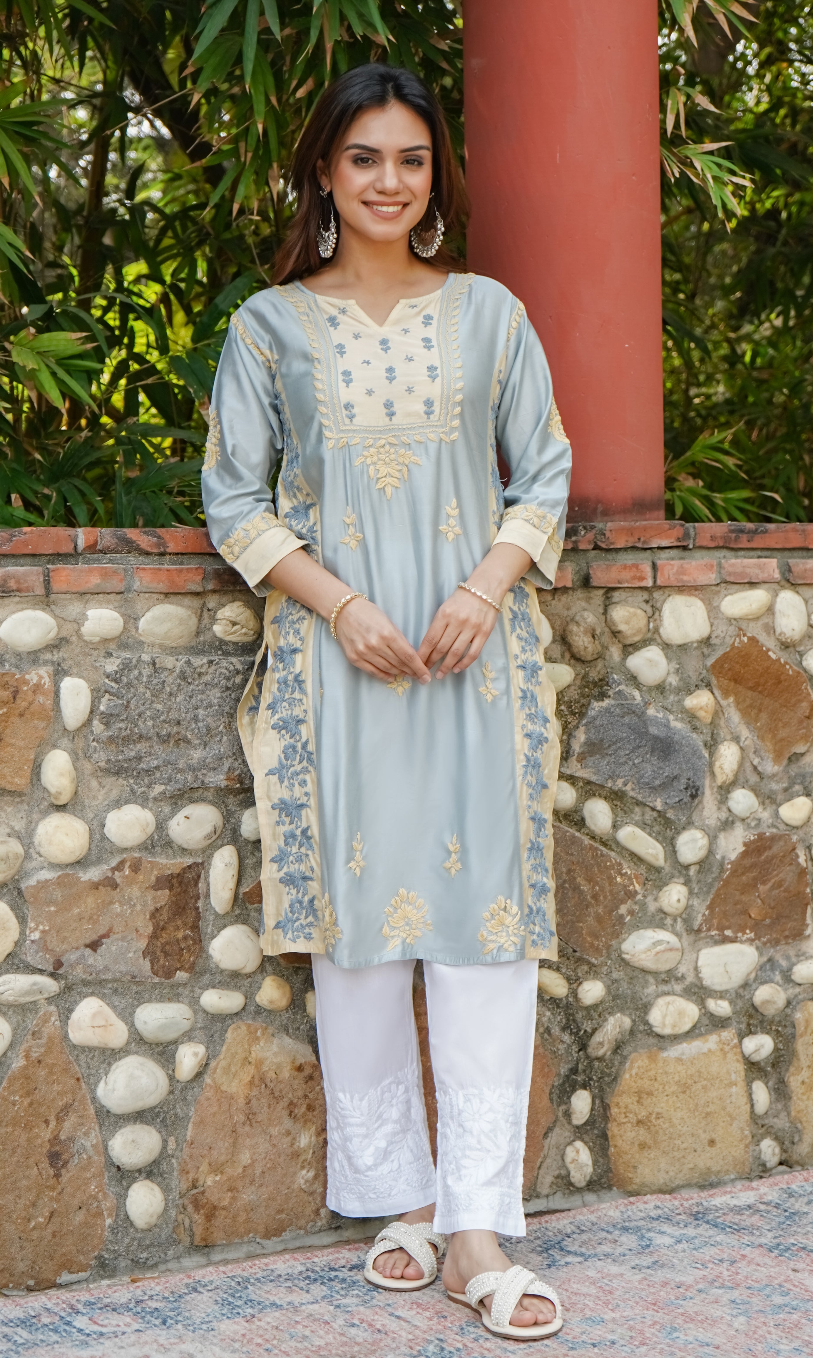 Saba Chikankari kurta in Chanderi Silk - Grey With Beige