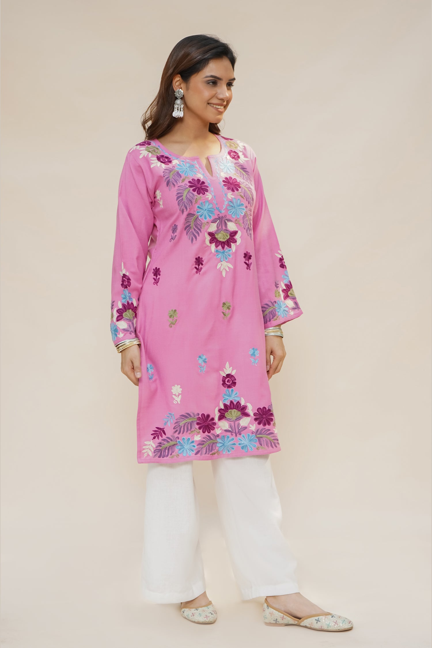 Woollen Kashmiri Pink Kurta