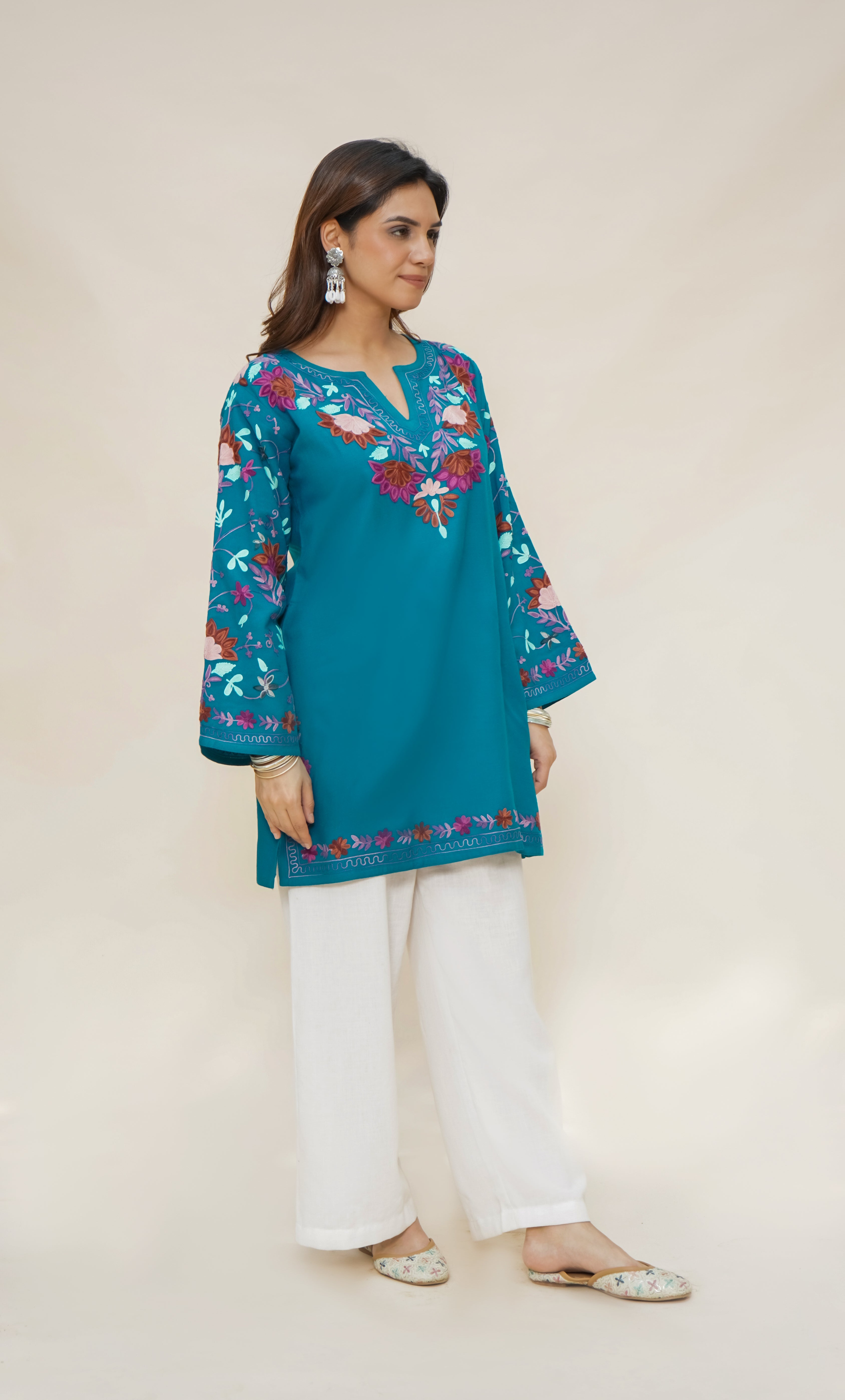Cotton Kashmiri Aari Short Kurta – Tourquise