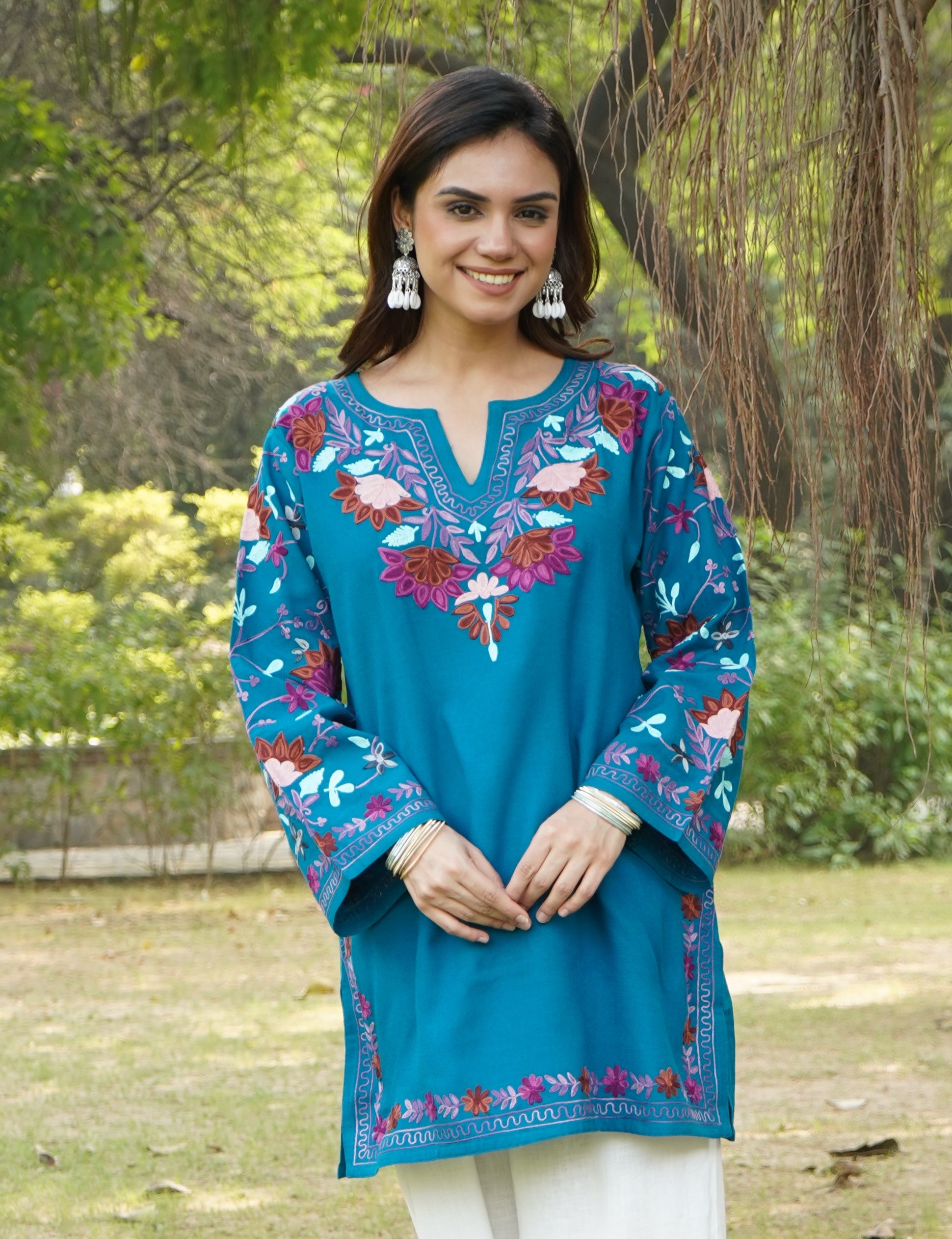 Woollen Cashmilon Short Kurta in Green Fuchsia