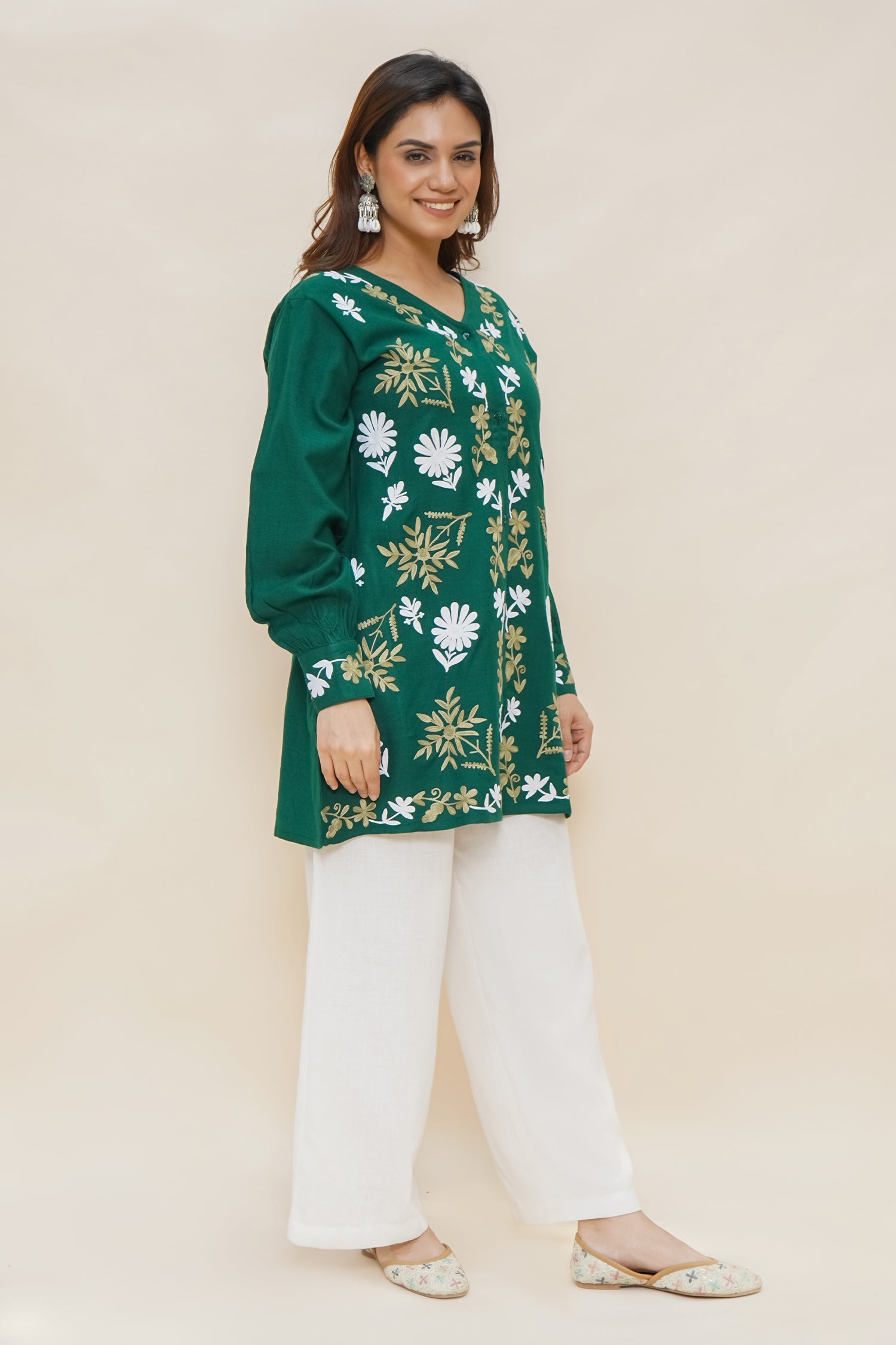 Green Woollen Cashmilon Short Kurta