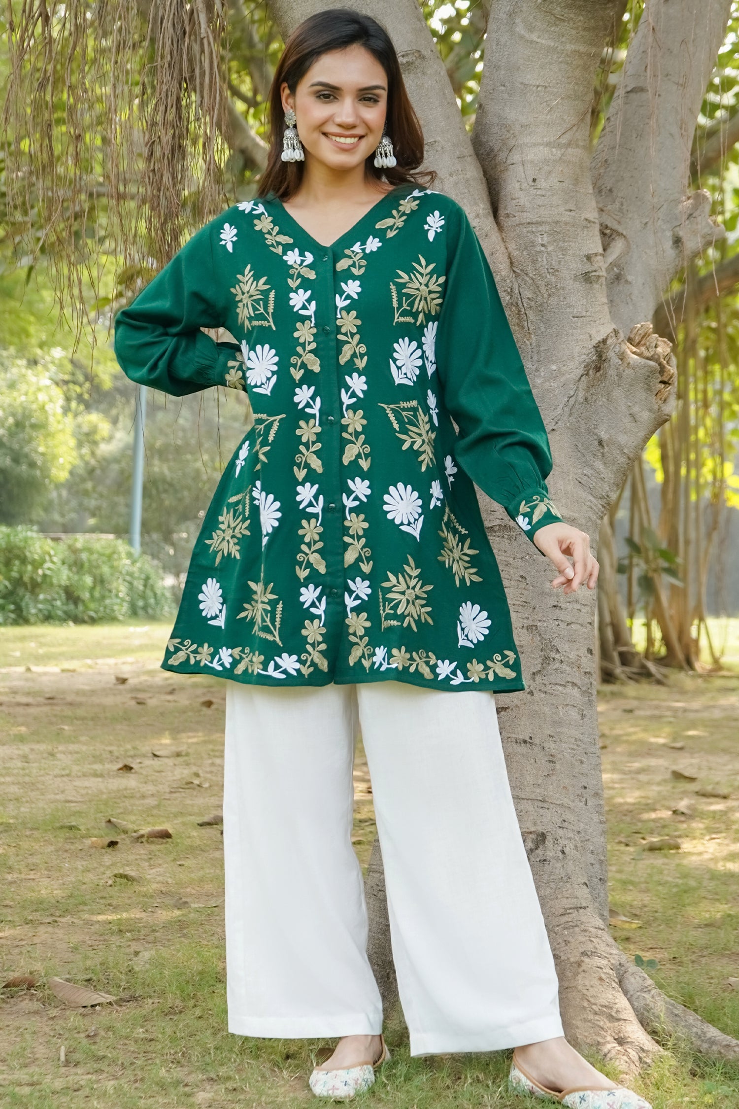 Green Woollen Cashmilon Short Kurta