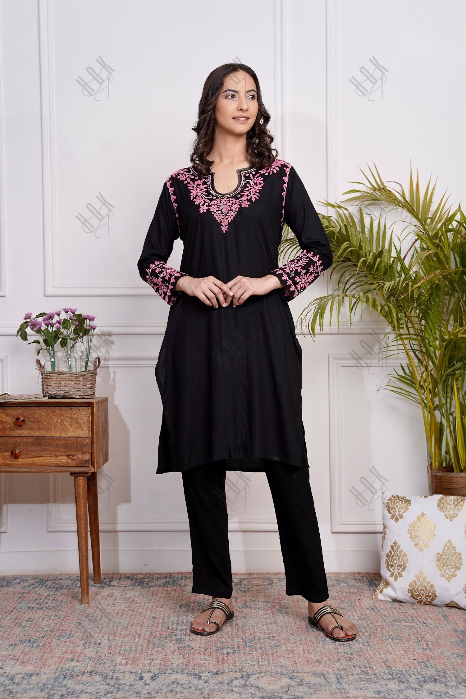 Saba Chikankari Kurta Set in Rayon Cotton - Black