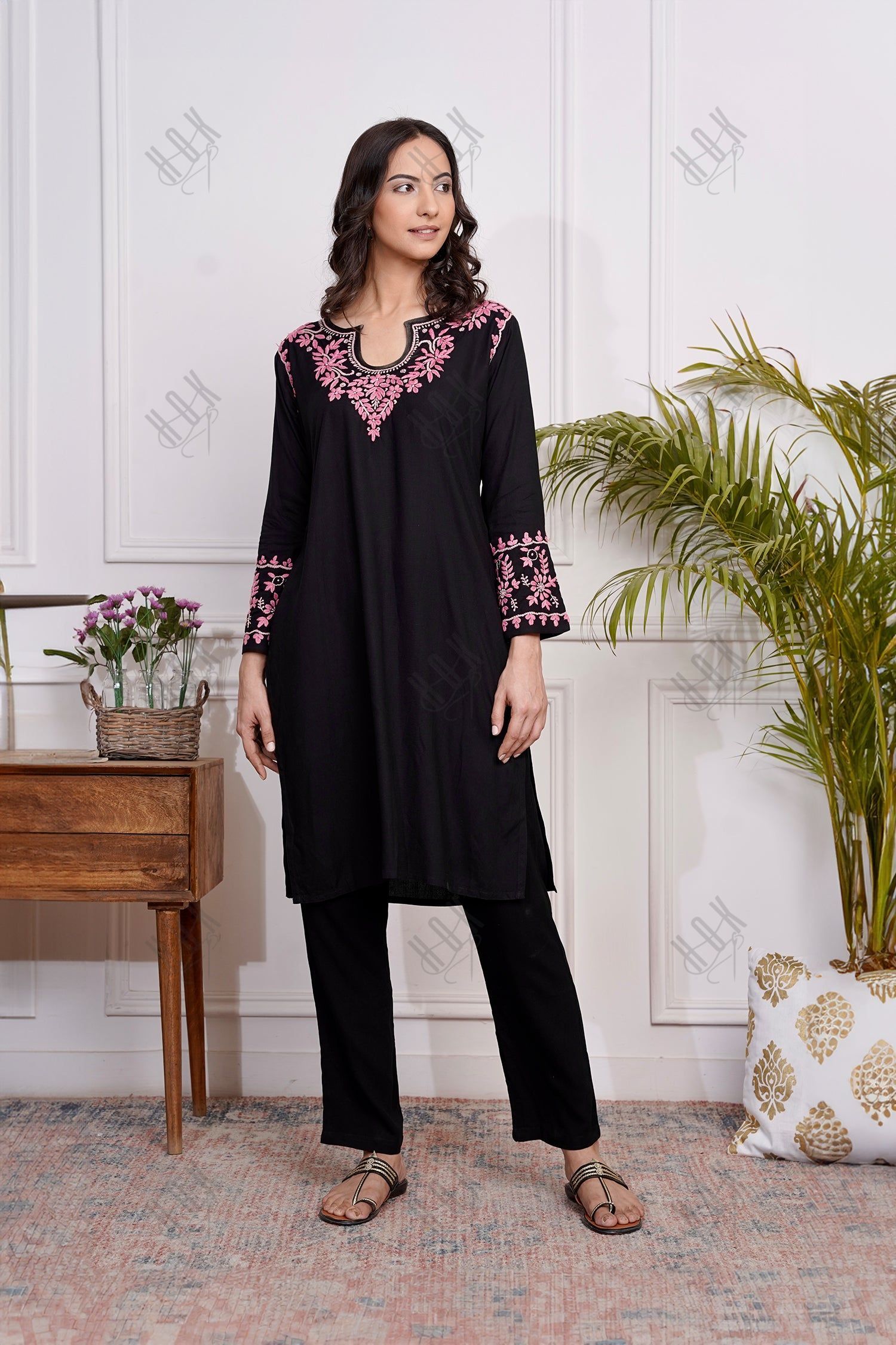 Saba Chikankari Kurta Set in Rayon Cotton - Black