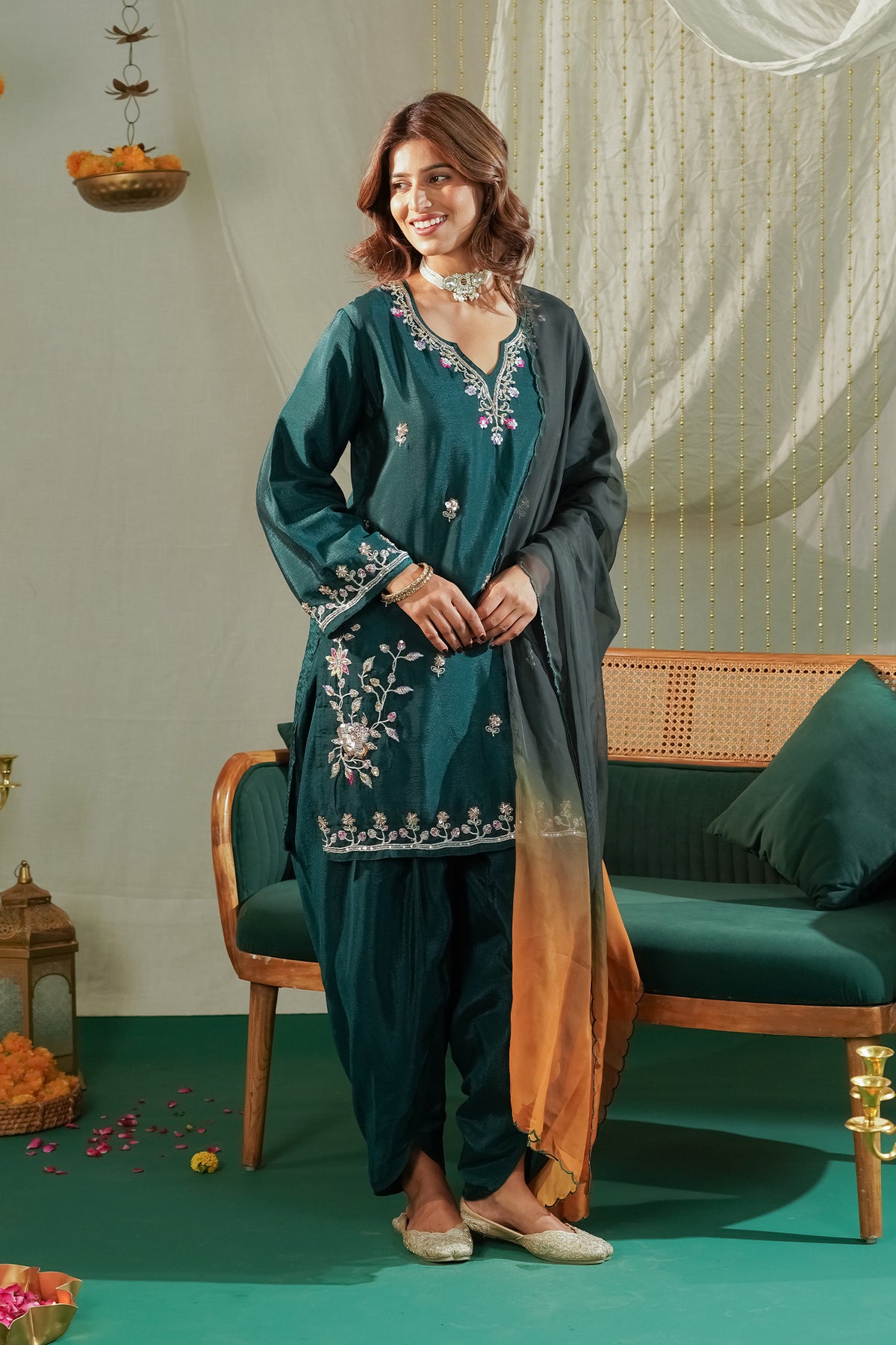 Mix Sequin Chinnon Chiffon Dhoti Kurta Set in Deep Teal