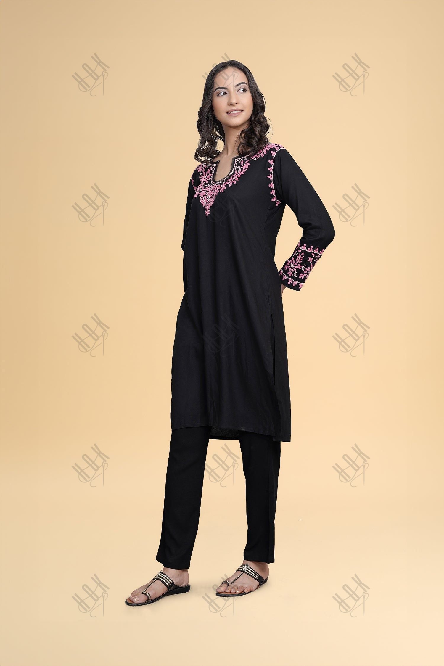 Saba Chikankari Kurta Set in Rayon Cotton - Black