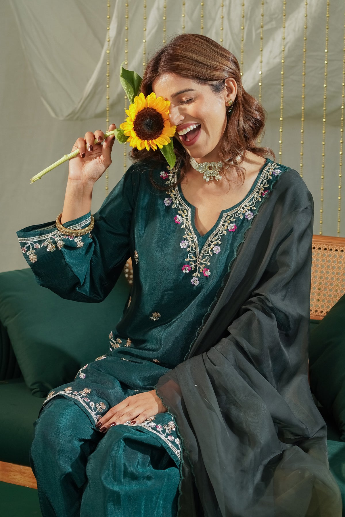 Mix Sequin Chinnon Chiffon Dhoti Kurta Set in Deep Teal