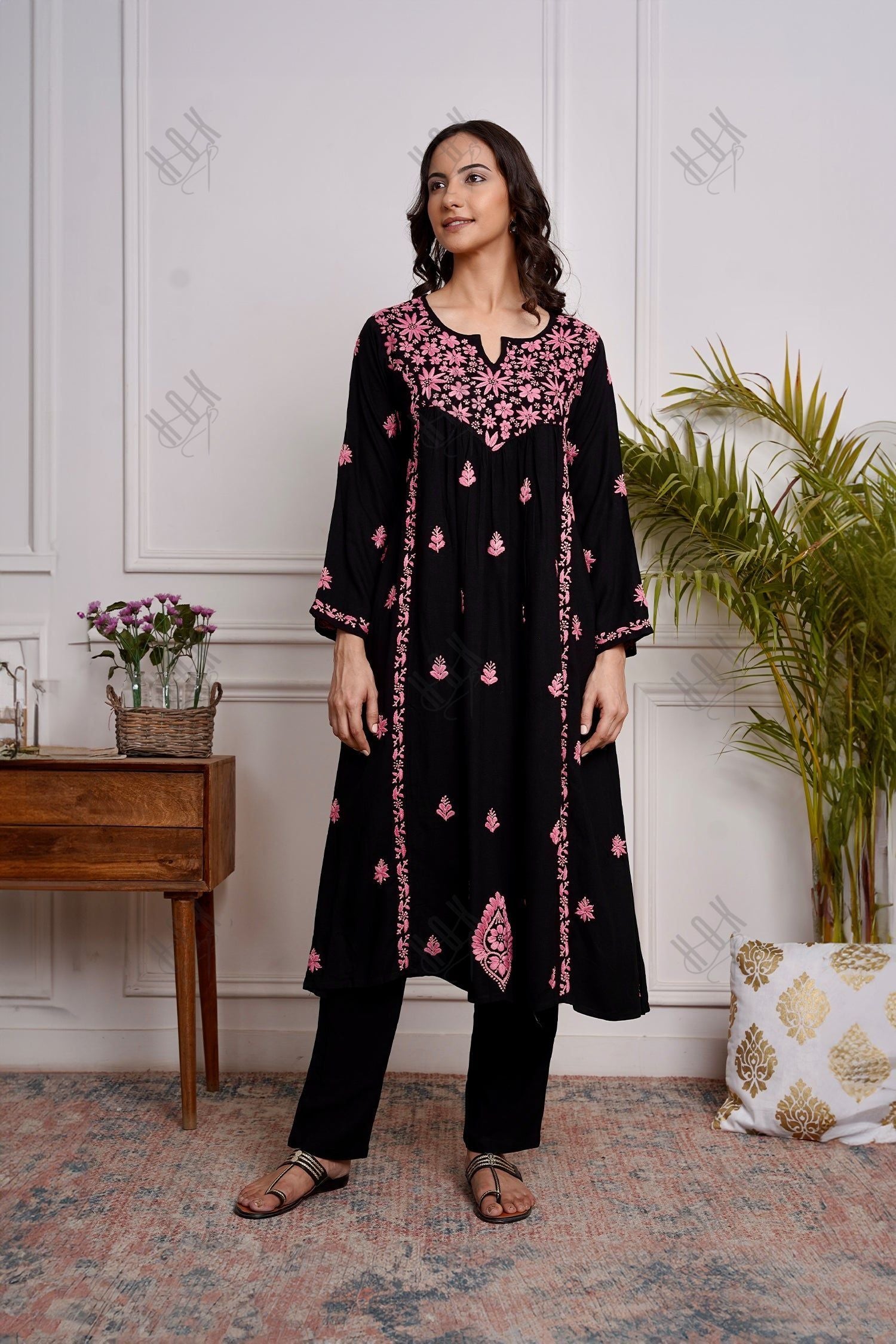 Saba Chikankari Kurta in Rayon Cotton - Black