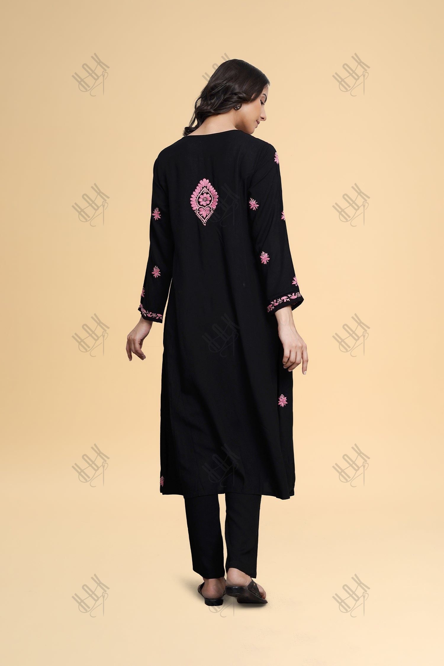 Gargi in Saba Chikankari Long Kurta in Rayon Cotton - Black