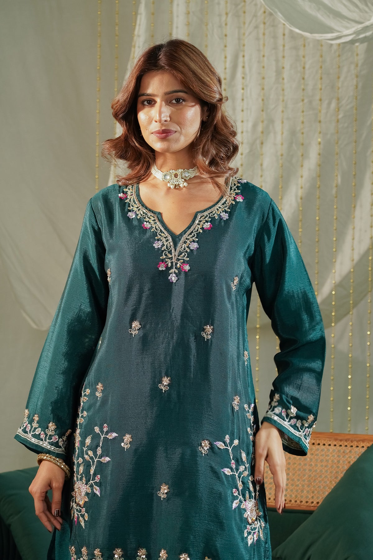 Mix Sequin Chinnon Chiffon Dhoti Kurta Set in Deep Teal
