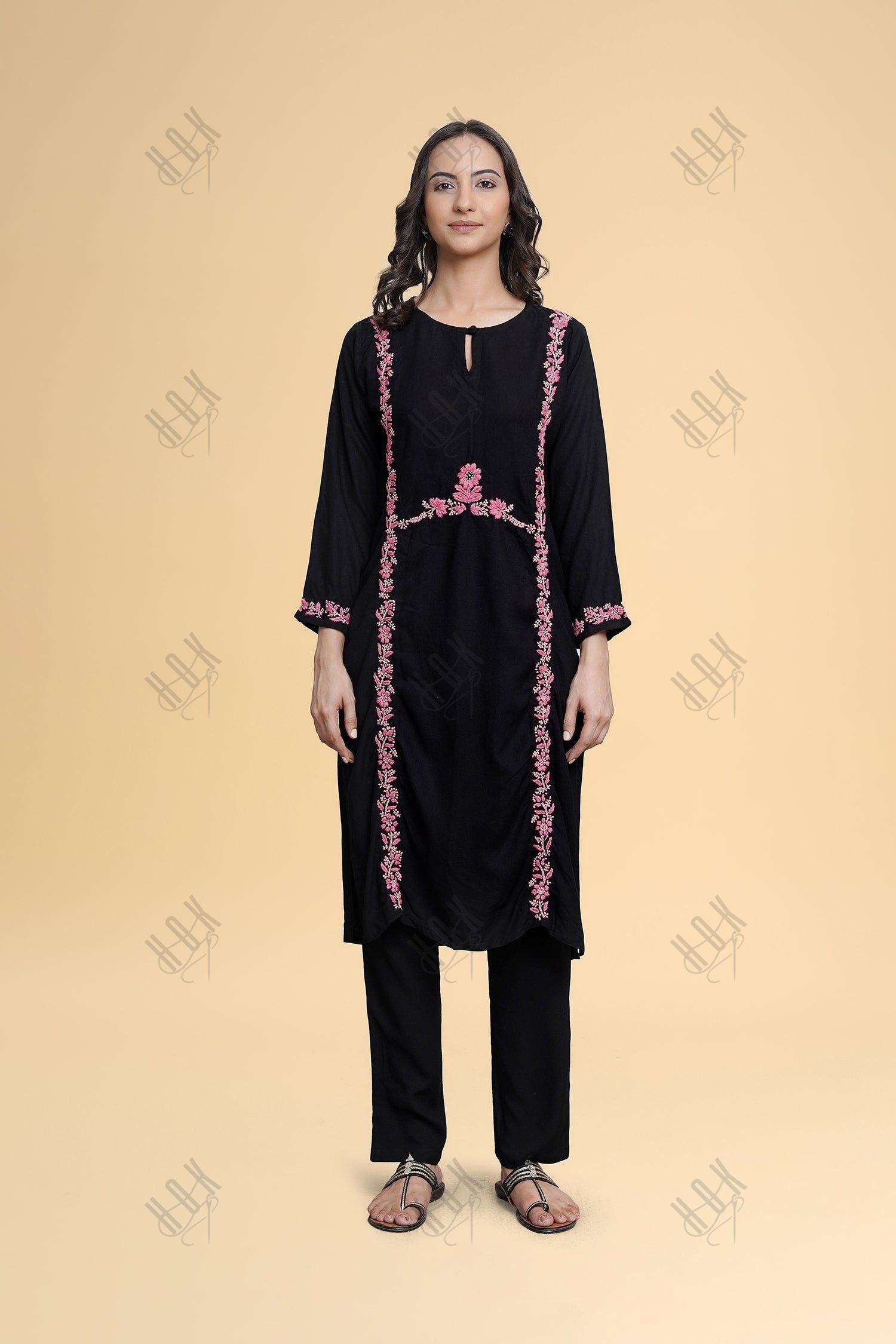 Saba Chikankari Long Kurta in Rayon Cotton - Black