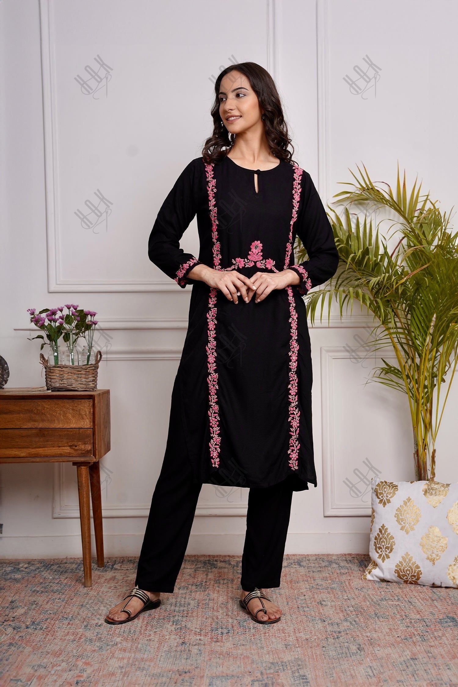 Saba Chikankari Long Kurta in Rayon Cotton - Black