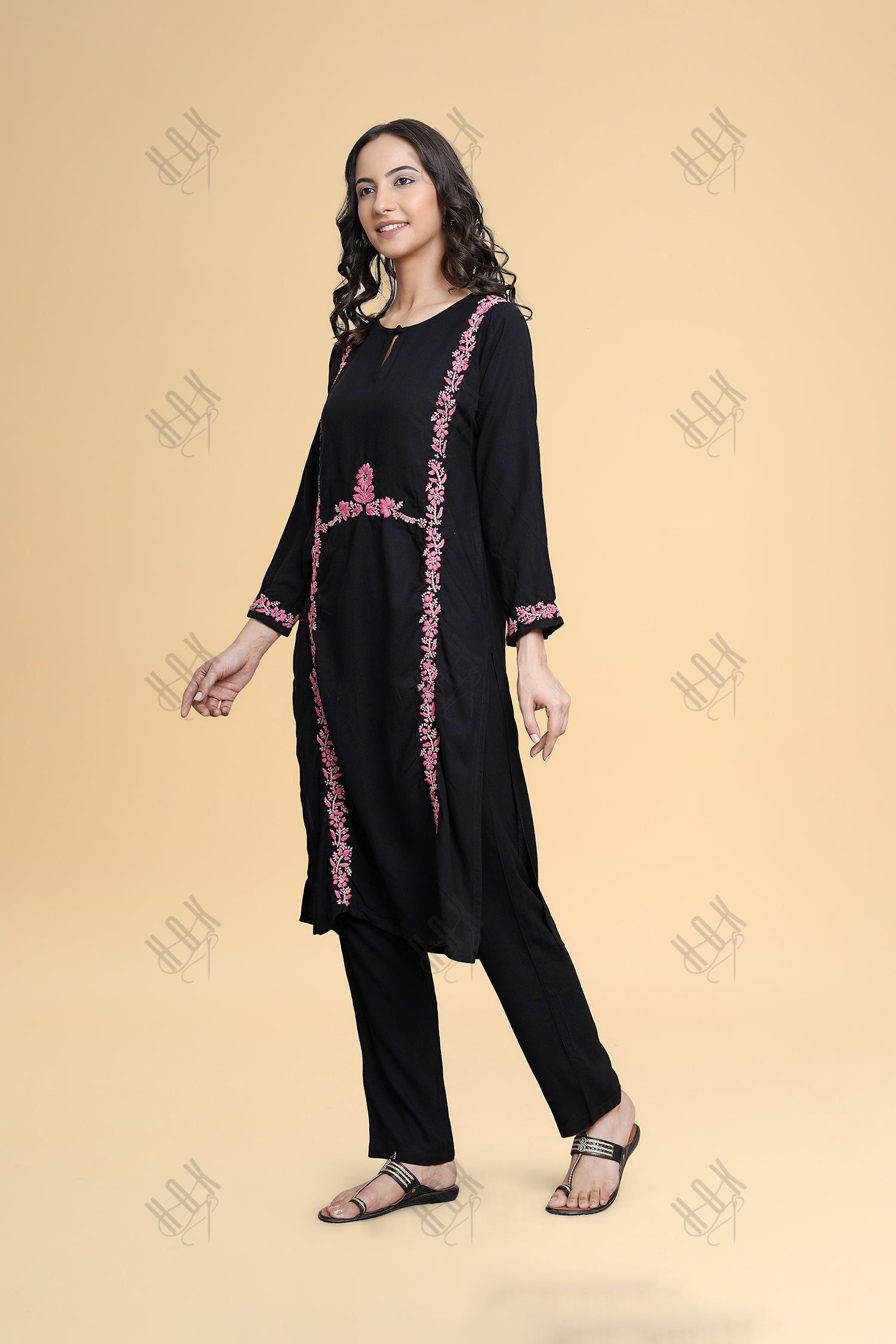 Saba Chikankari Long Kurta in Rayon Cotton - Black