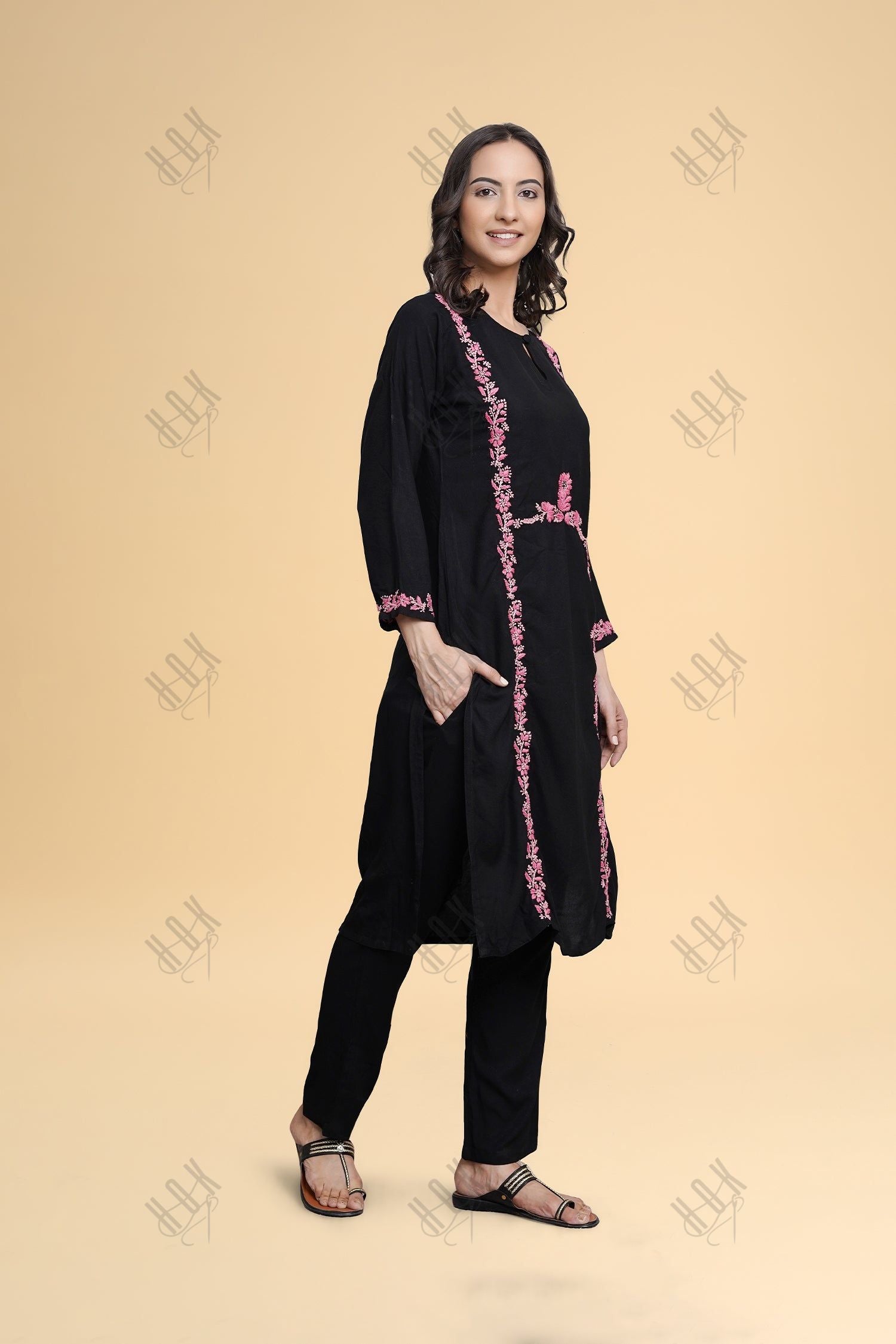 Saba Chikankari Long Kurta in Rayon Cotton - Black