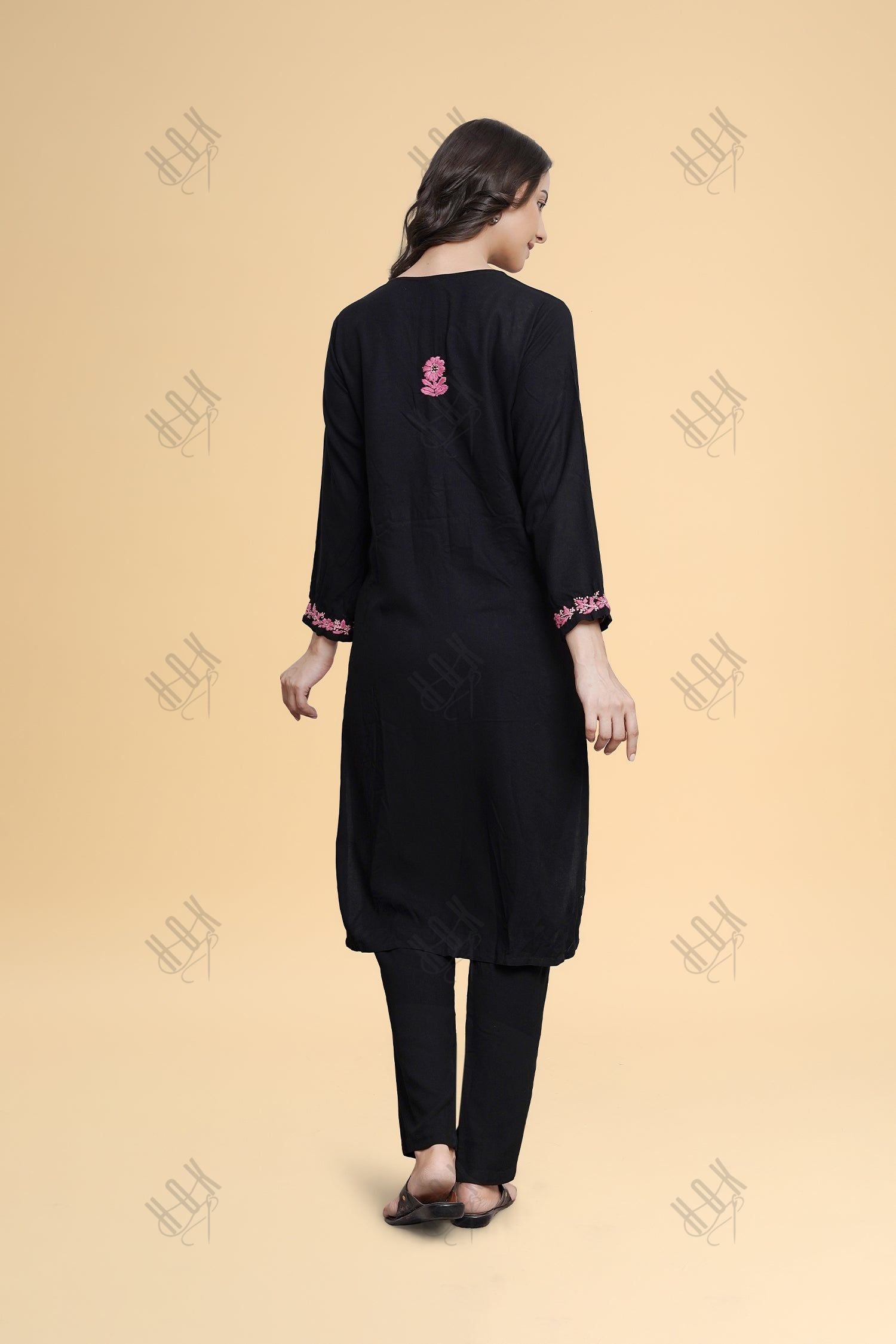 Saba Chikankari Long Kurta in Rayon Cotton - Black