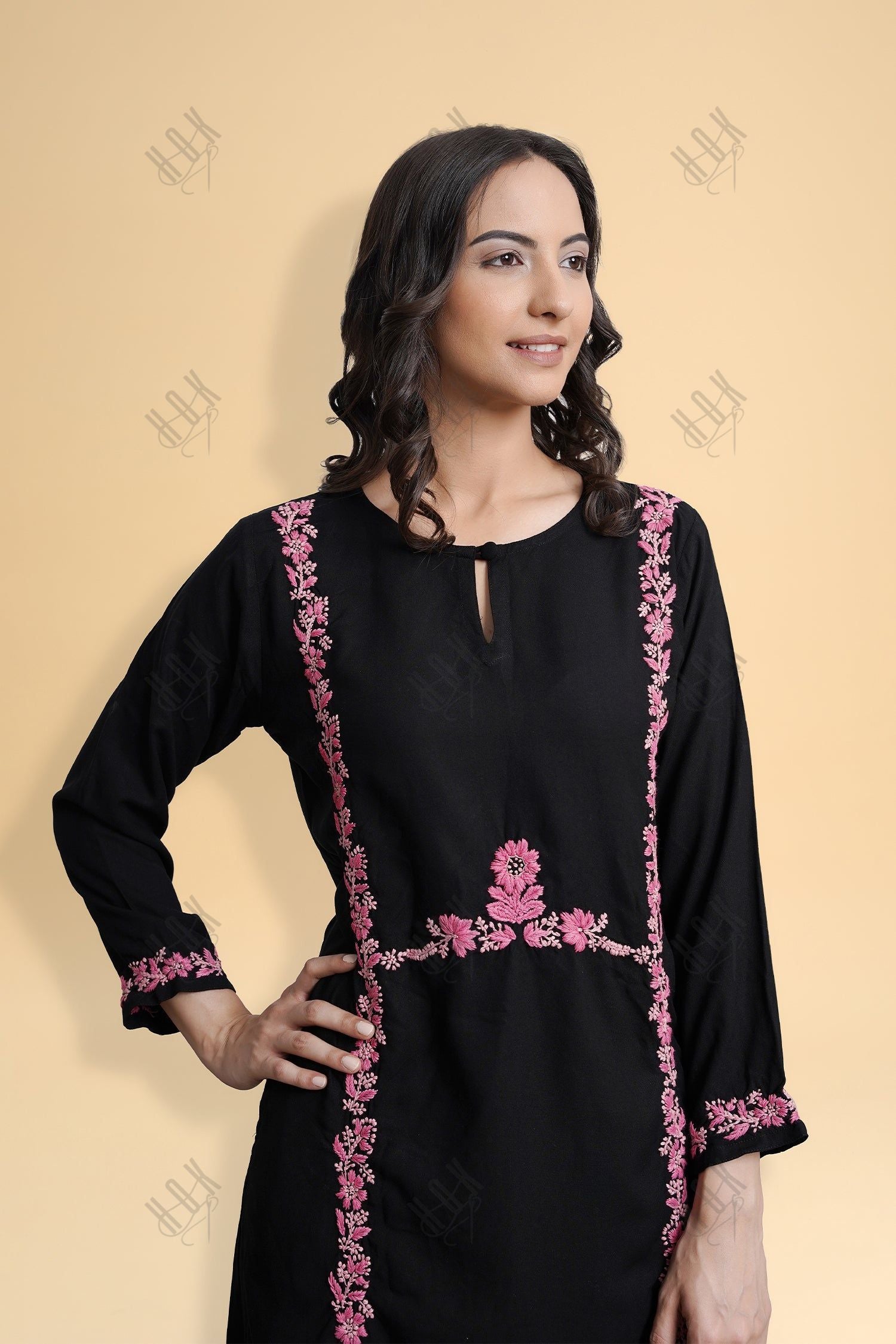 Saba Chikankari Long Kurta in Rayon Cotton - Black