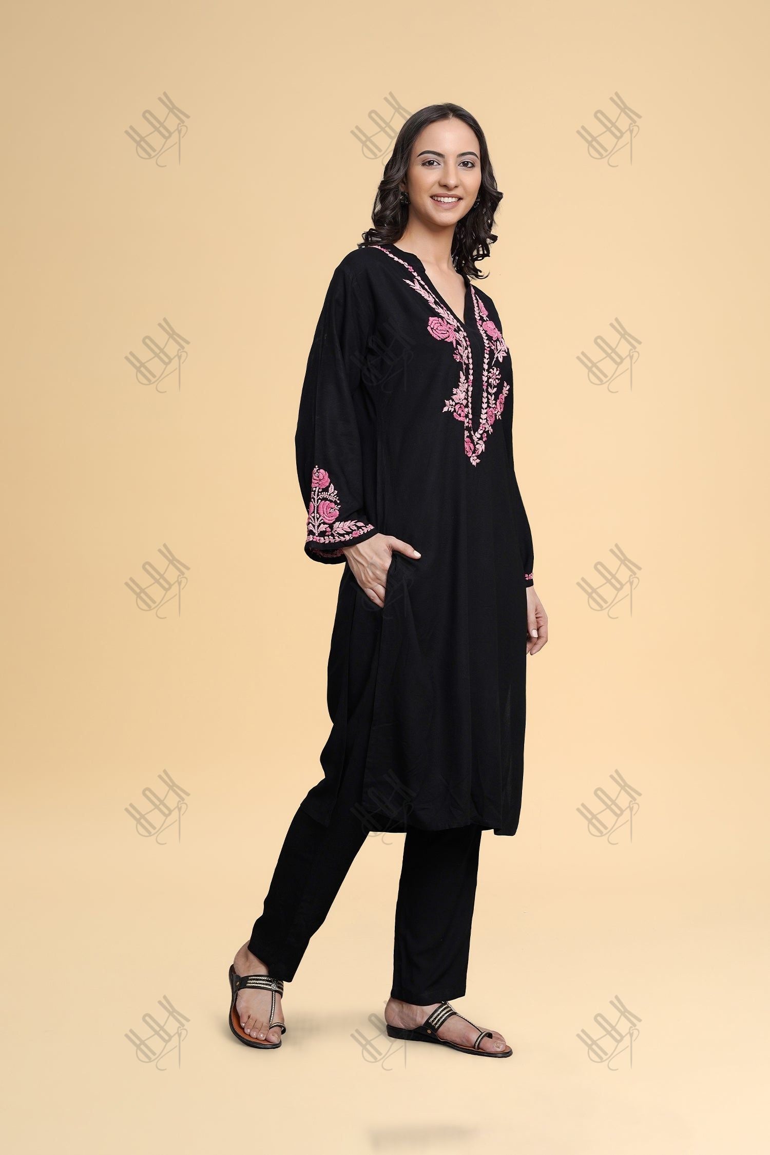 Saba Chikankari Kurta in Rayon Cotton - Black