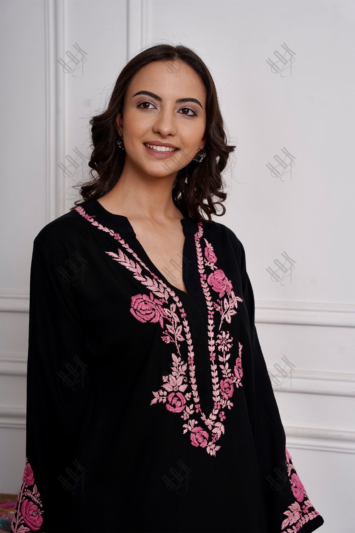 Saba Chikankari Long Kurta in Rayon Cotton - Black