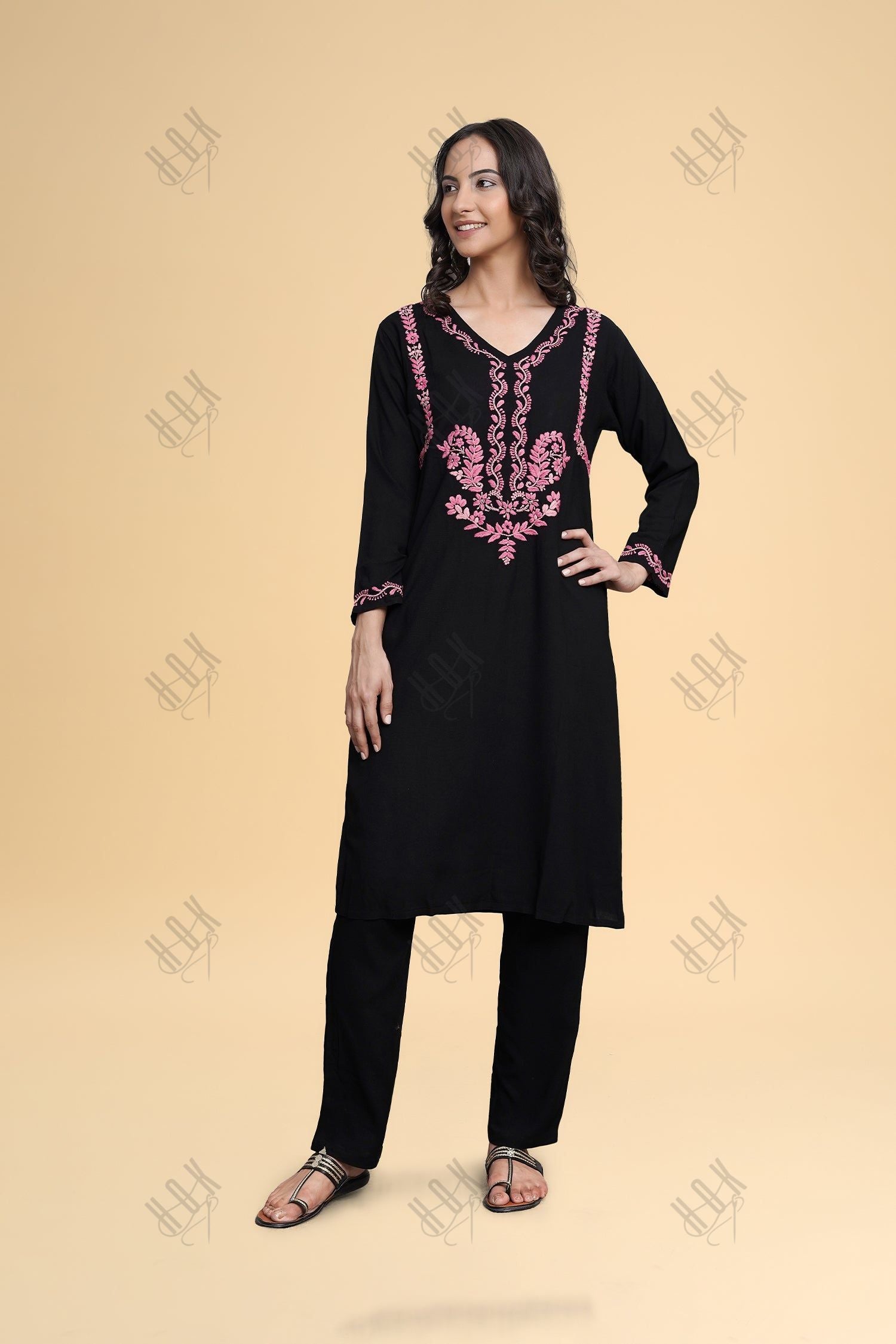 Anantra in Saba Chikankari Long Kurta in Rayon Cotton - Black