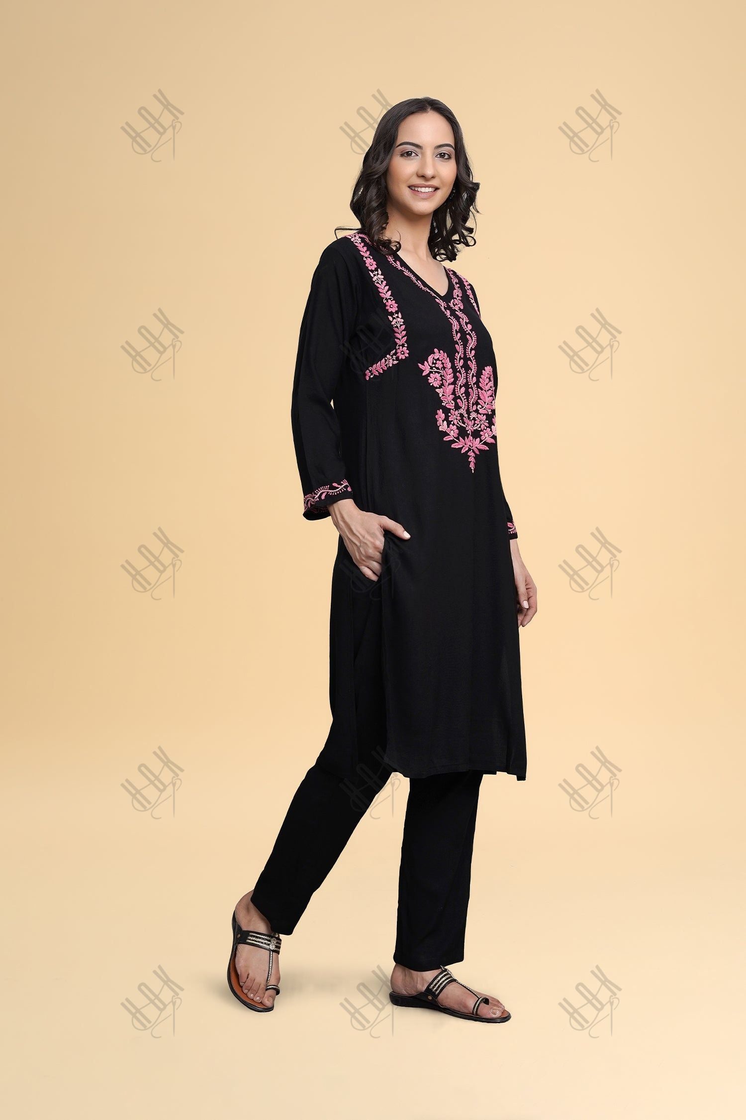 Anantra in Saba Chikankari Long Kurta in Rayon Cotton - Black