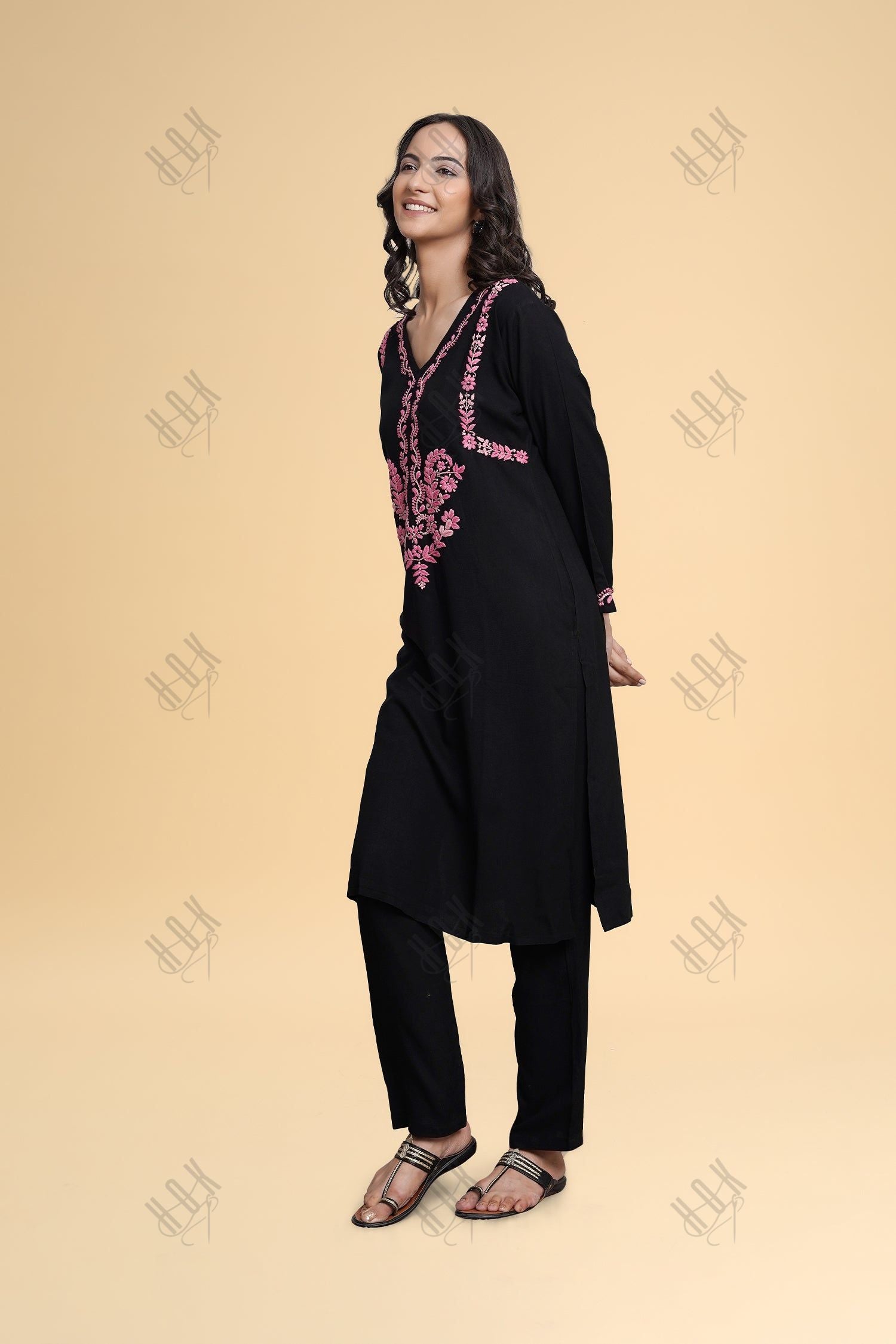 Anantra in Saba Chikankari Long Kurta in Rayon Cotton - Black