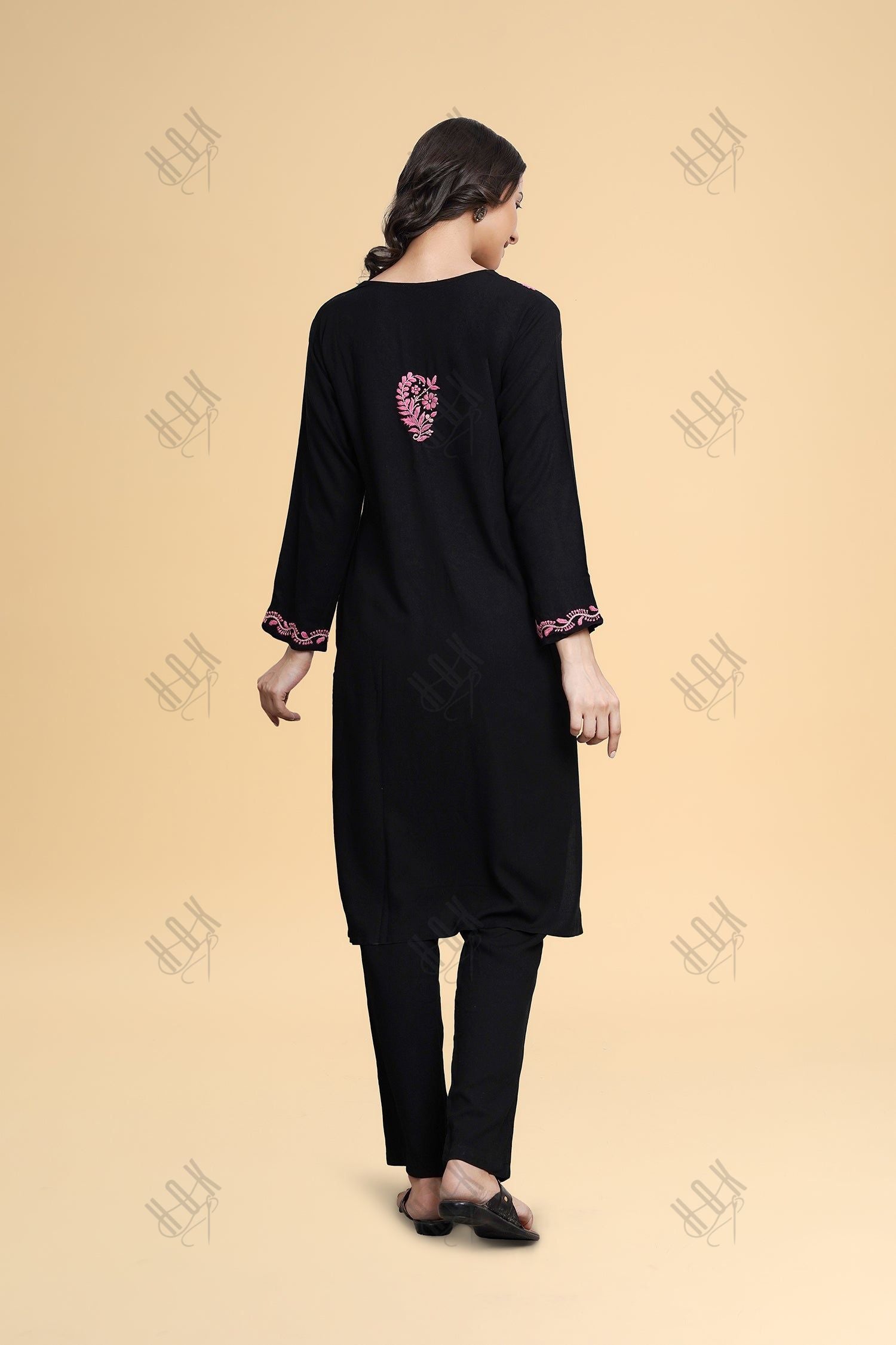 Anantra in Saba Chikankari Long Kurta in Rayon Cotton - Black