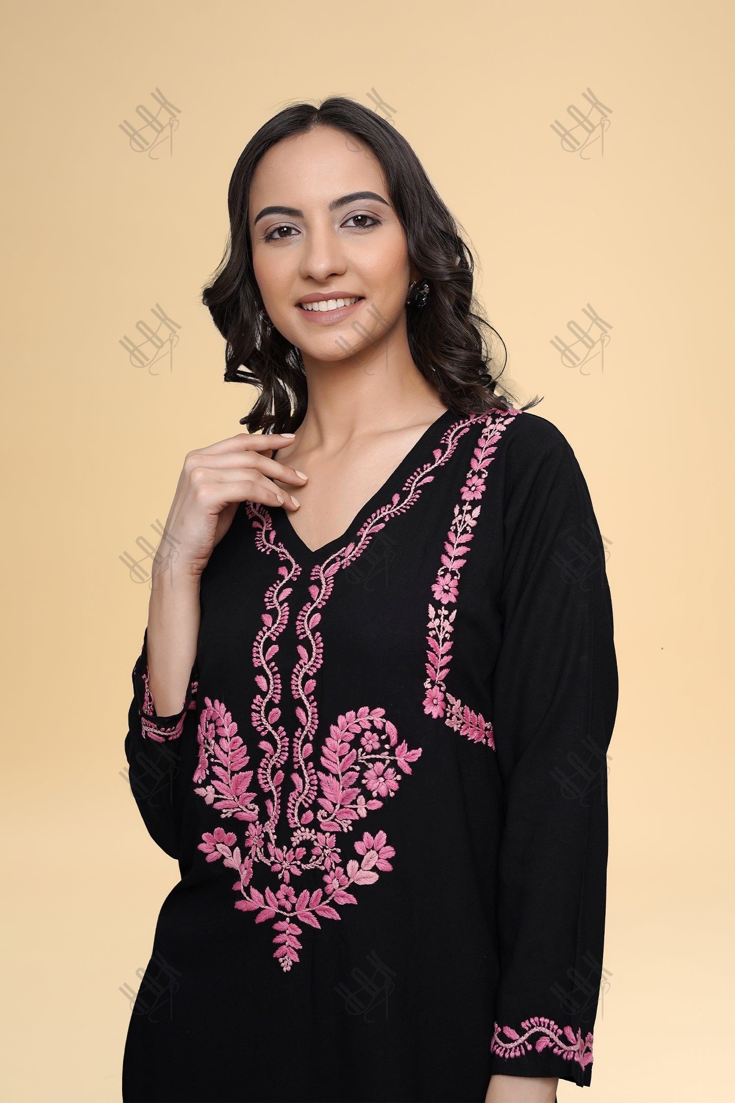 Anantra in Saba Chikankari Long Kurta in Rayon Cotton - Black