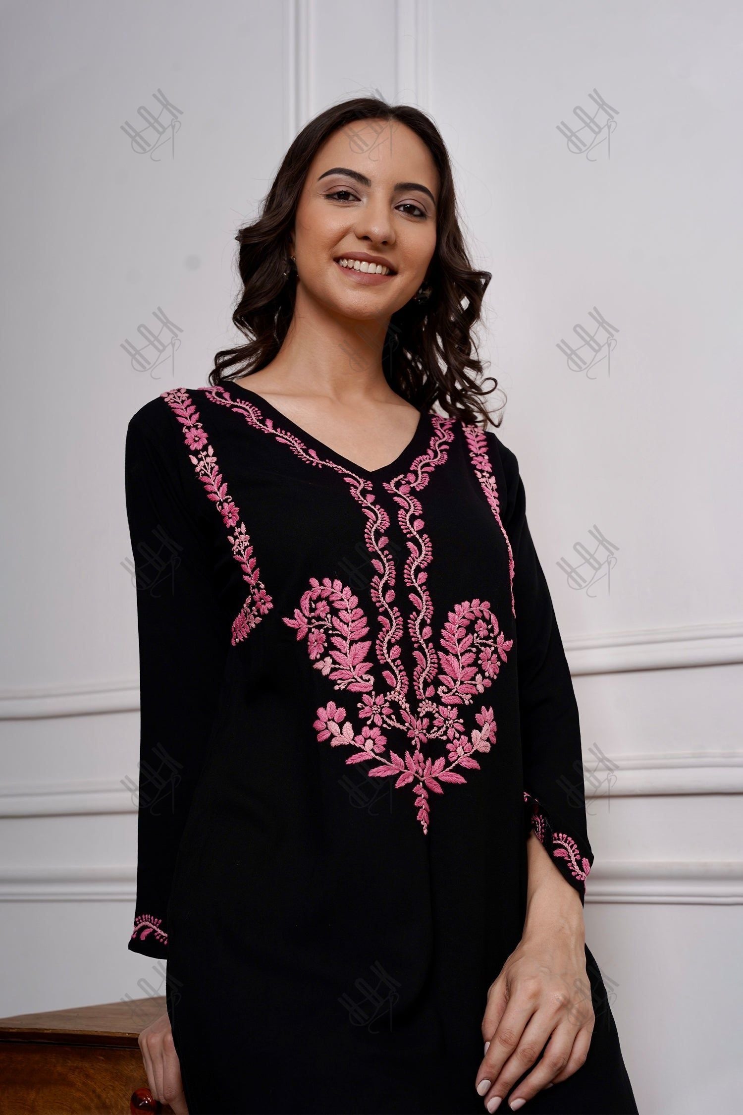 Saba Chikankari Long Kurta in Rayon Cotton - Black