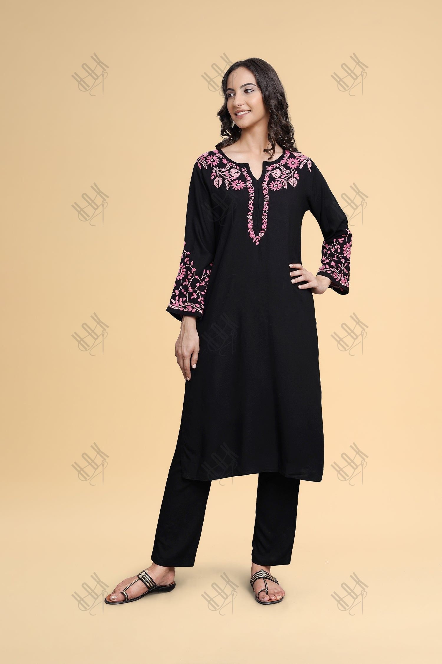 Saba Chikankari Long Kurta in Rayon Cotton - Black