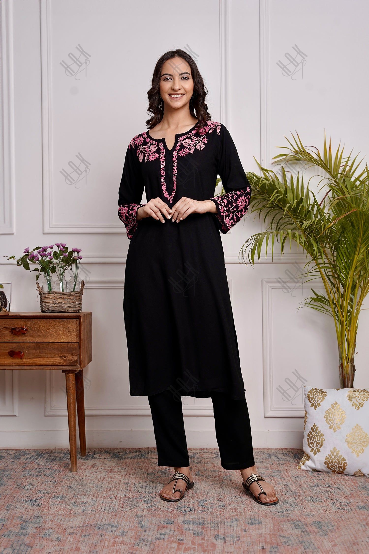 Saba Chikankari Kurta in Rayon Cotton - Black