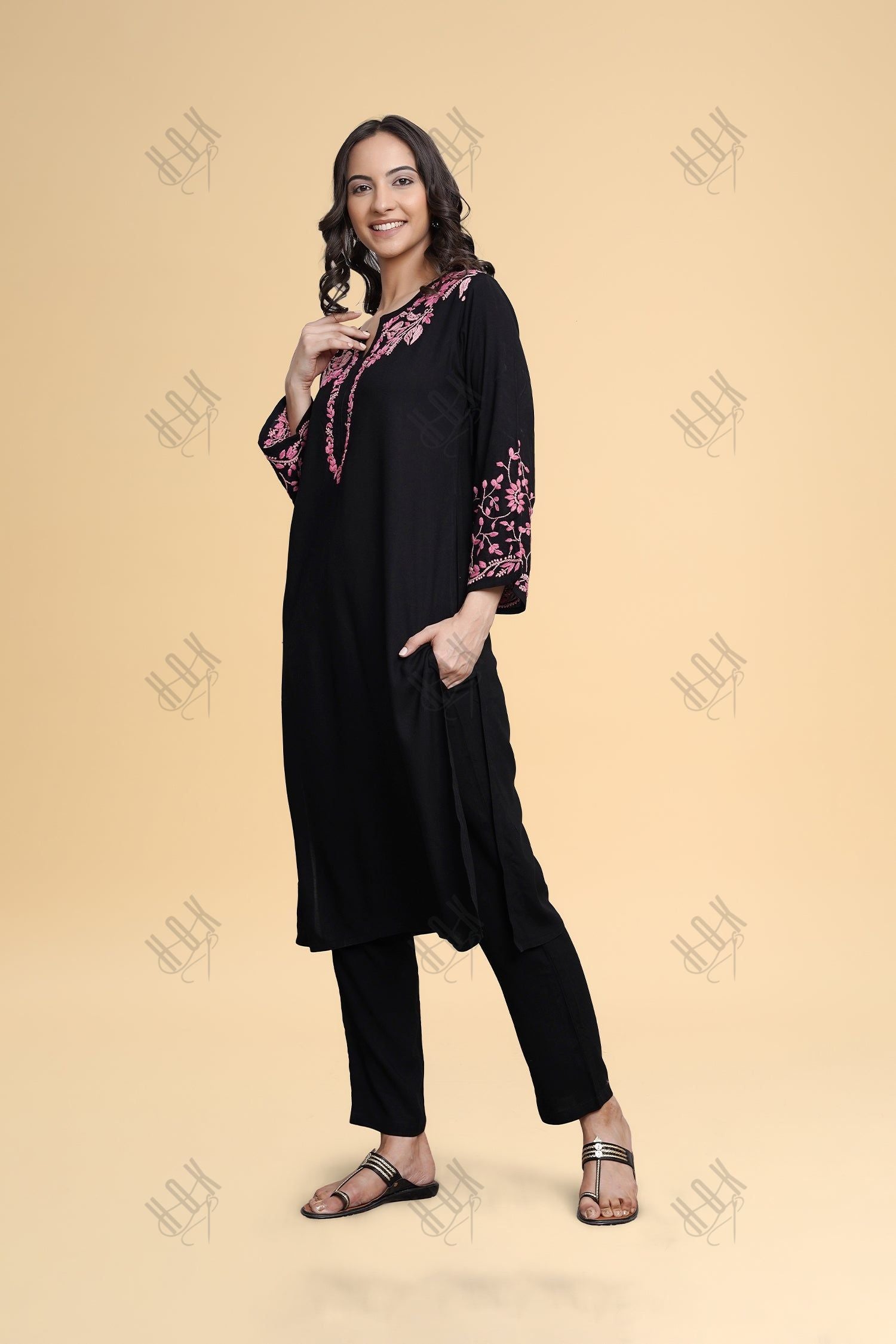 Saba Chikankari Long Kurta in Rayon Cotton - Black