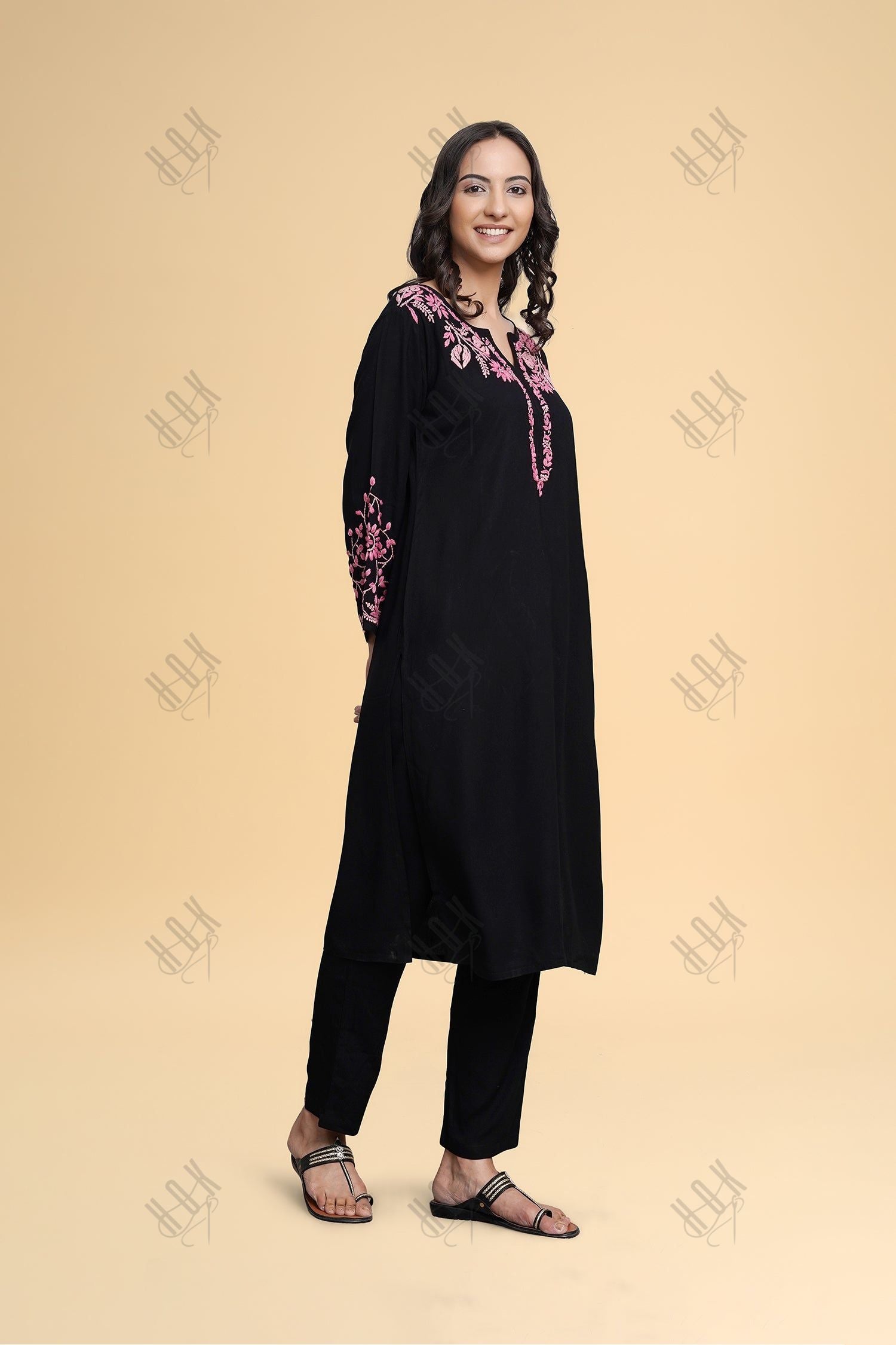 Saba Chikankari Long Kurta in Rayon Cotton - Black