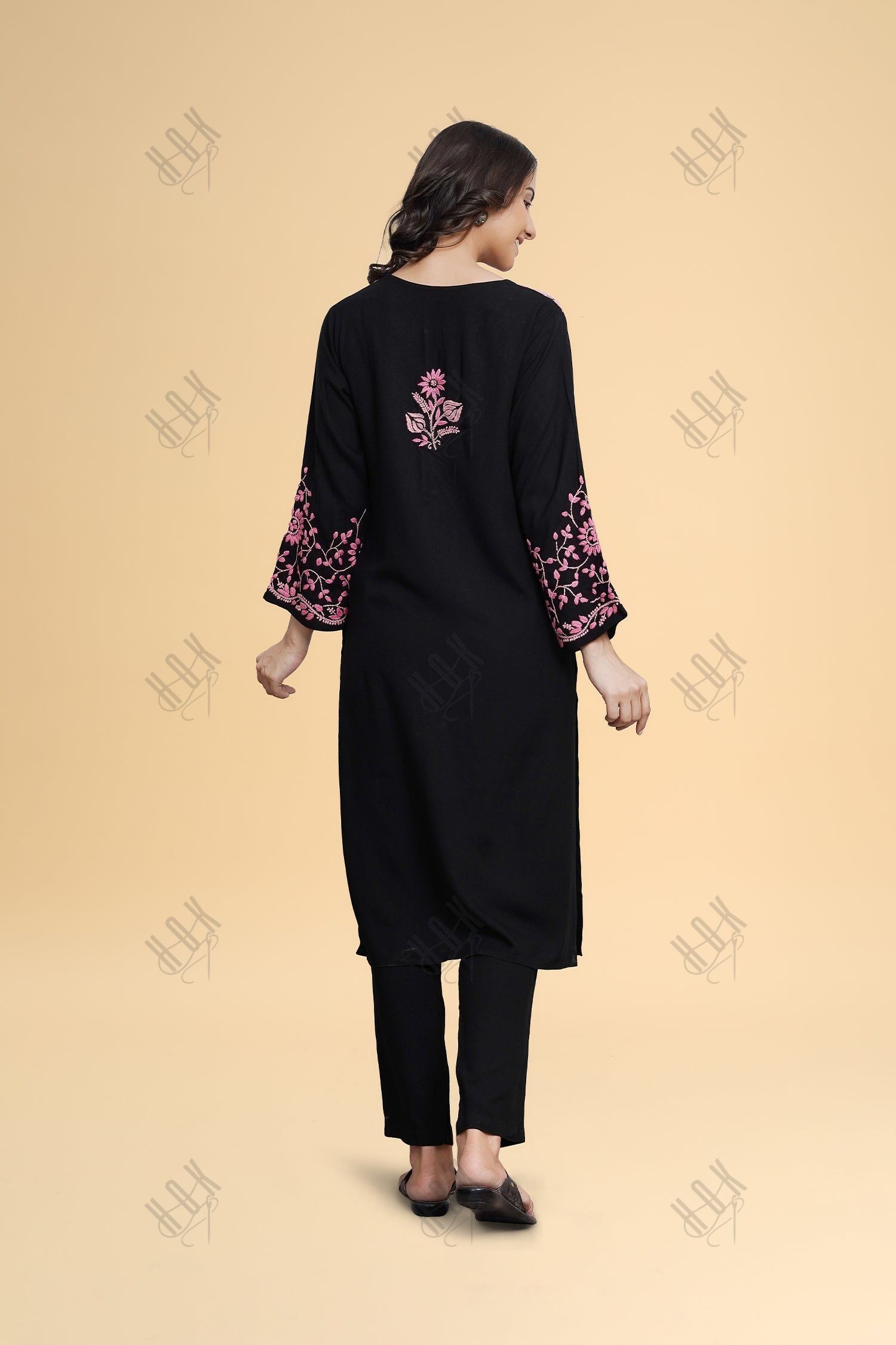 Saba Chikankari Long Kurta in Rayon Cotton - Black