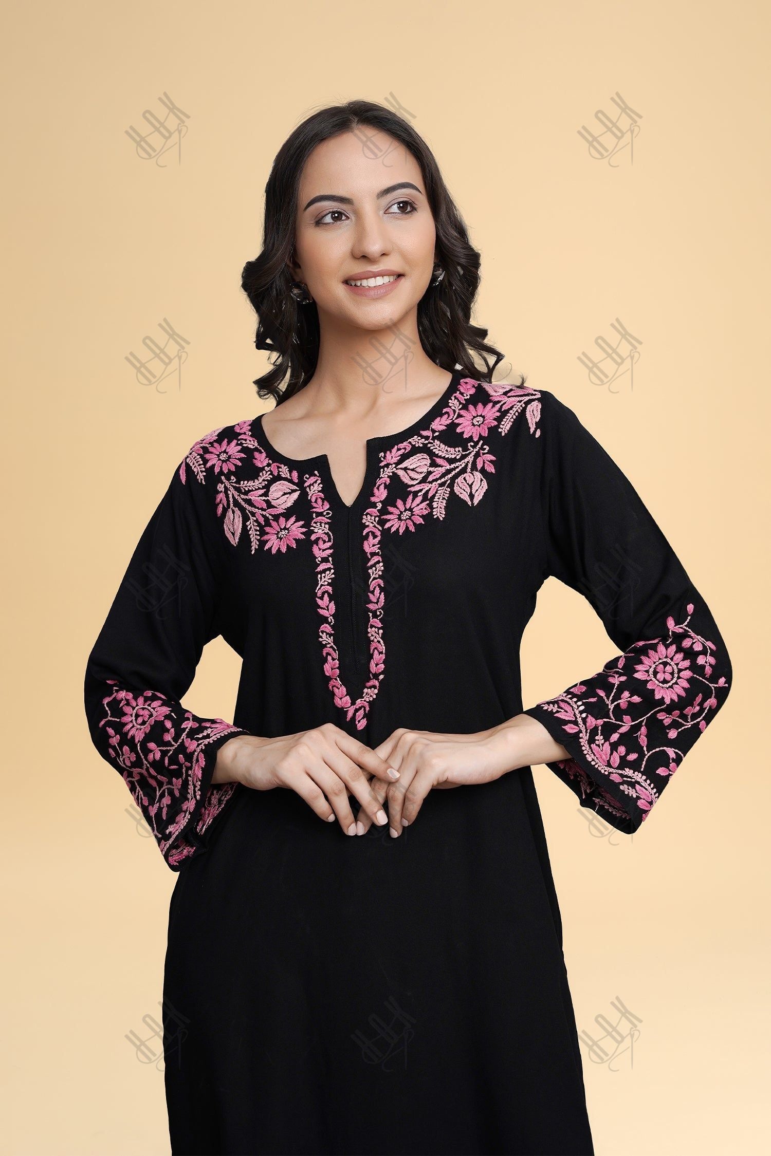 Saba Chikankari Long Kurta in Rayon Cotton - Black