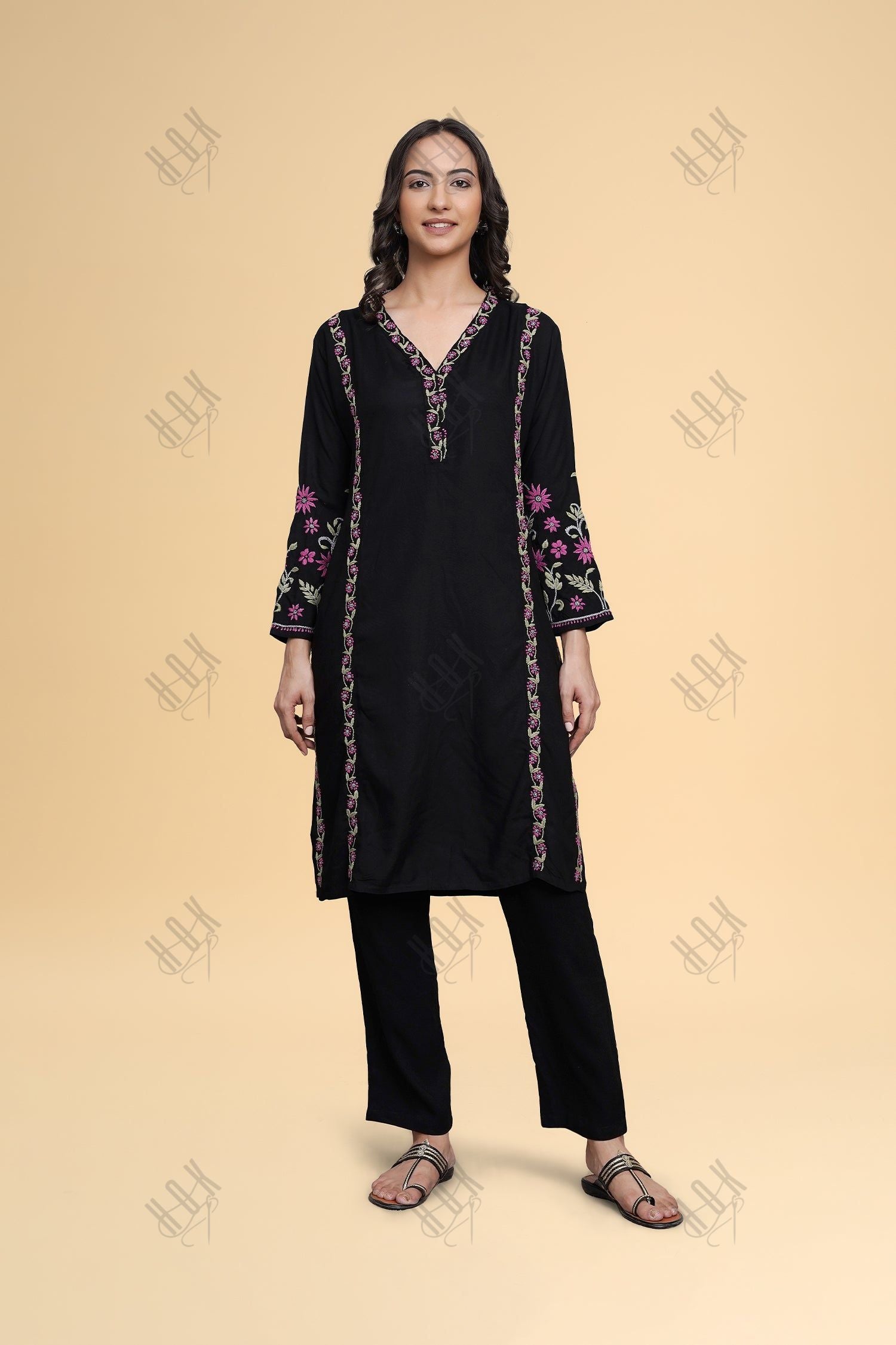 Saba Chikankari Kurta Set in Rayon Cotton - Black