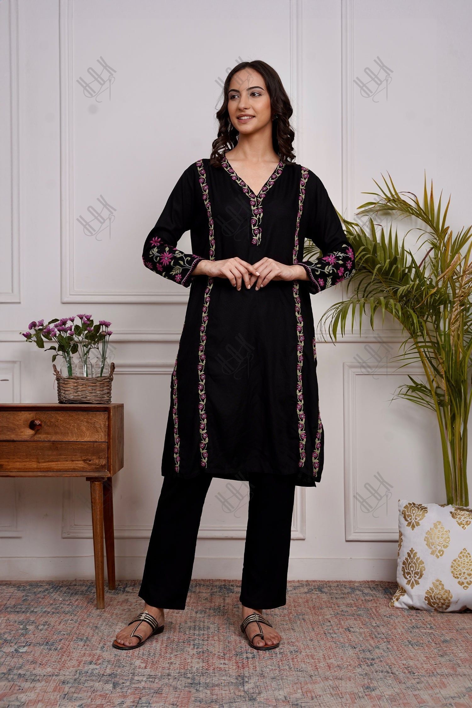 Saba Chikankari Kurta Set in Rayon Cotton - Black