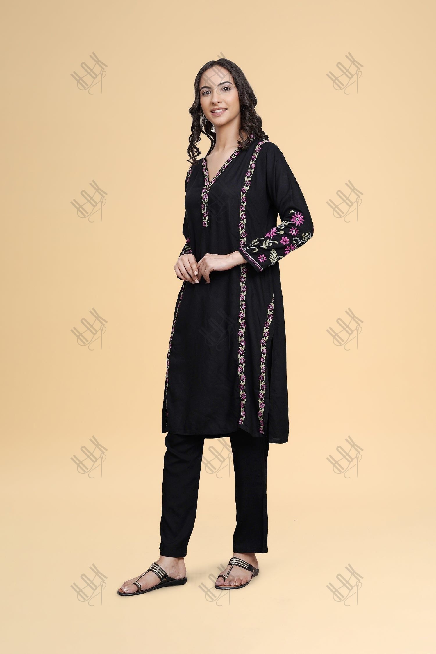 Saba Chikankari Kurta Set in Rayon Cotton - Black