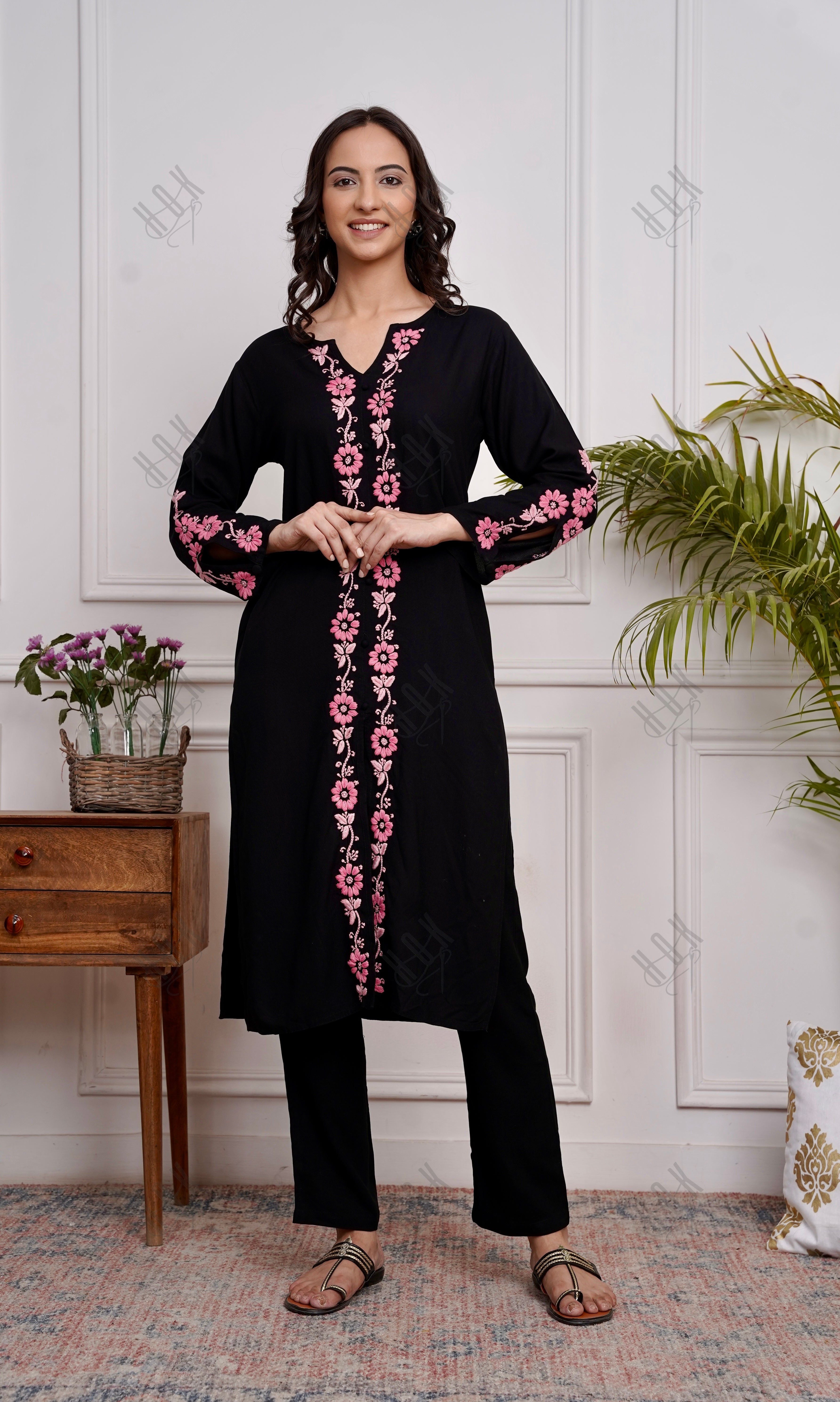 Saba Chikankari Long Kurta in Rayon Cotton - Black