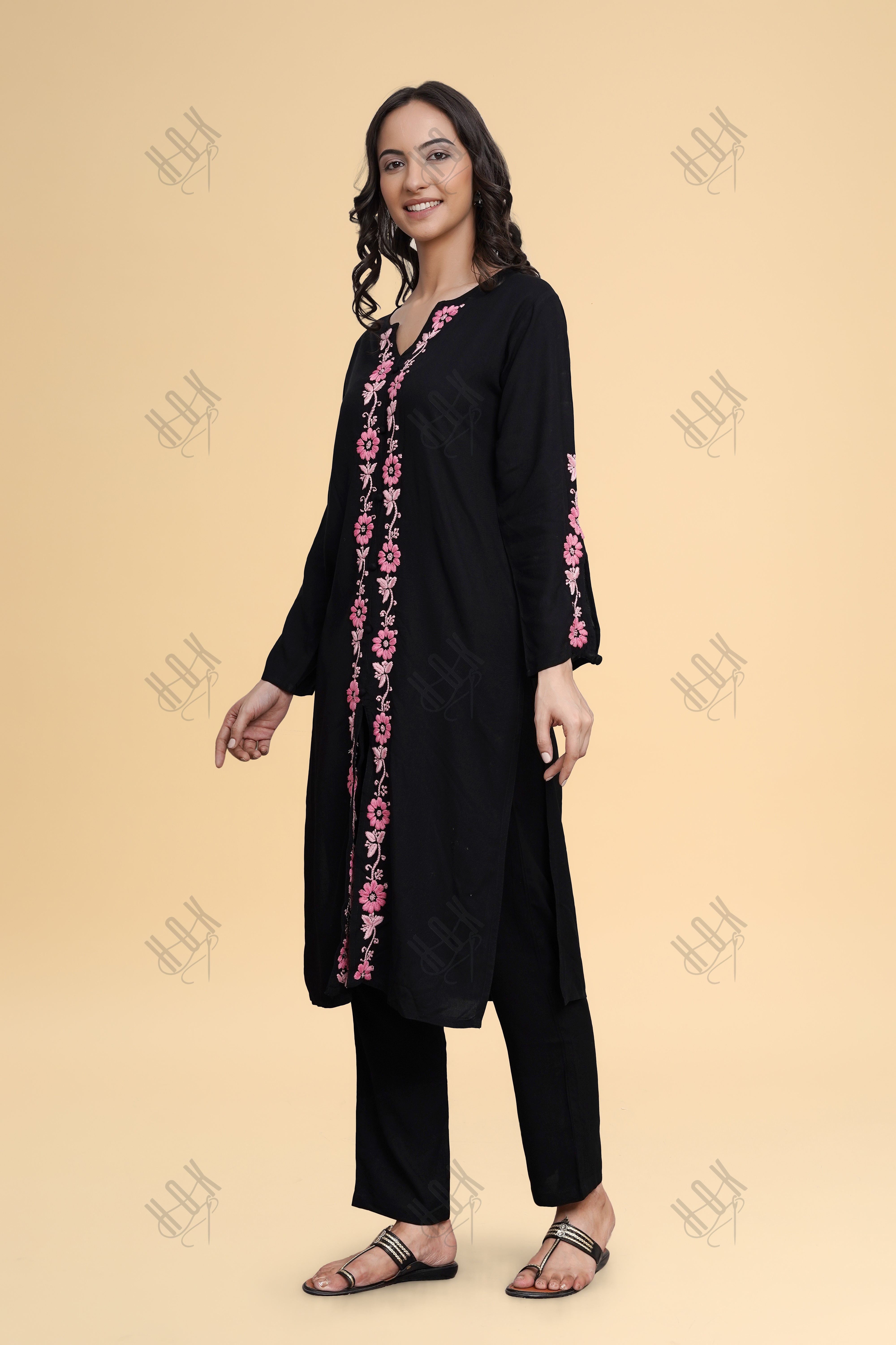 Saba Chikankari Long Kurta in Rayon Cotton - Black