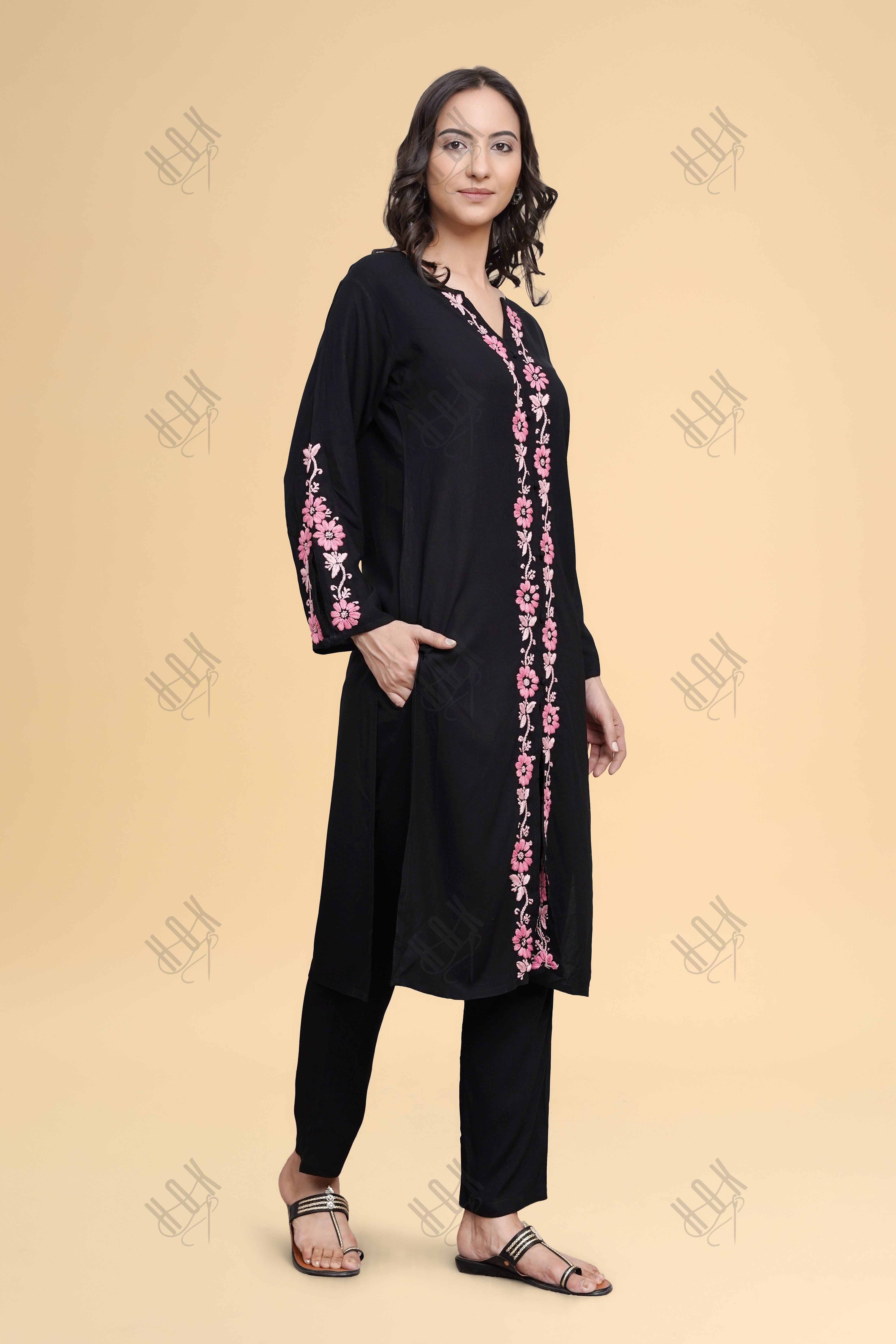 Saba Chikankari Long Kurta in Rayon Cotton - Black