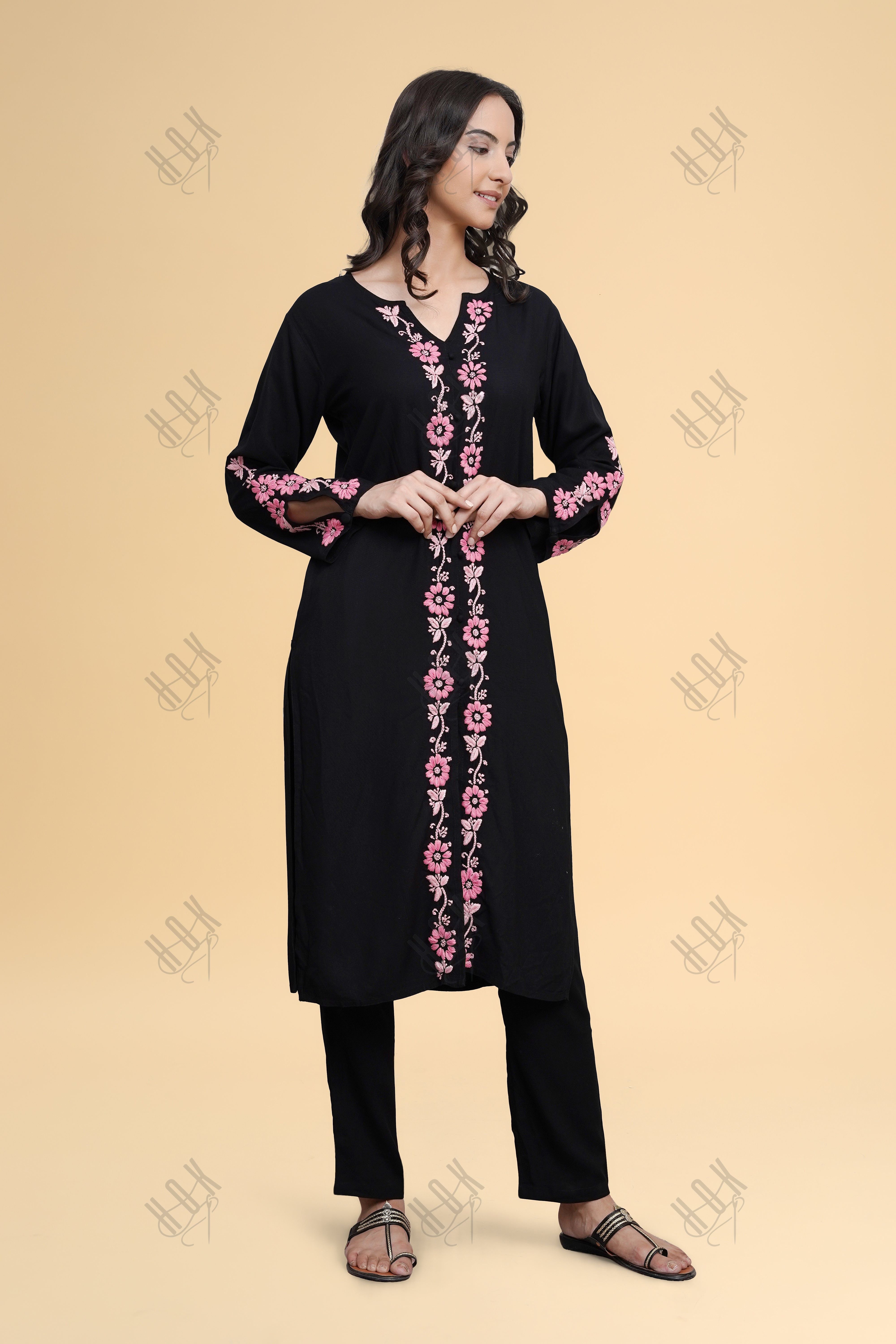 Saba Chikankari Long Kurta in Rayon Cotton - Black