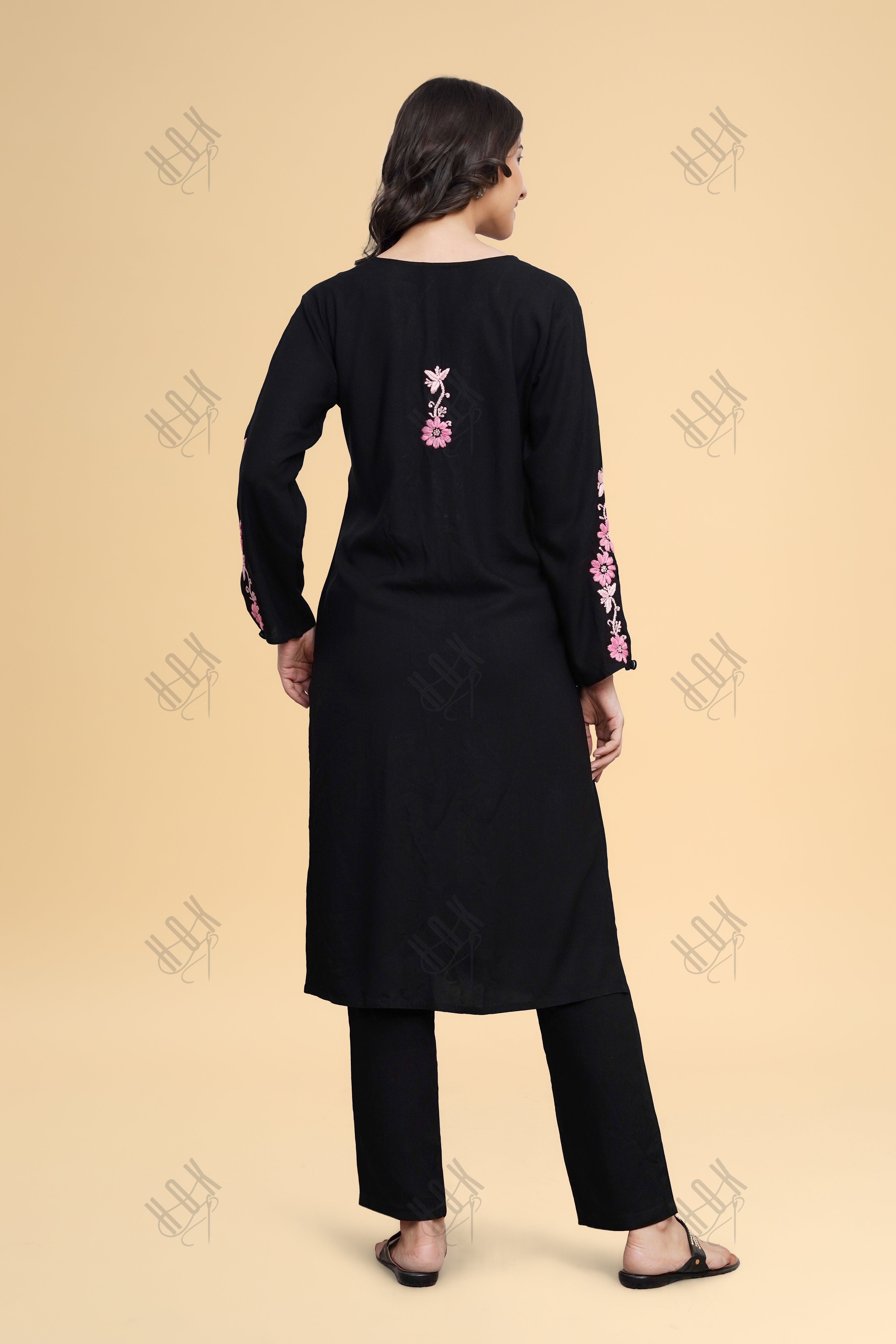 Saba Chikankari Long Kurta in Rayon Cotton - Black