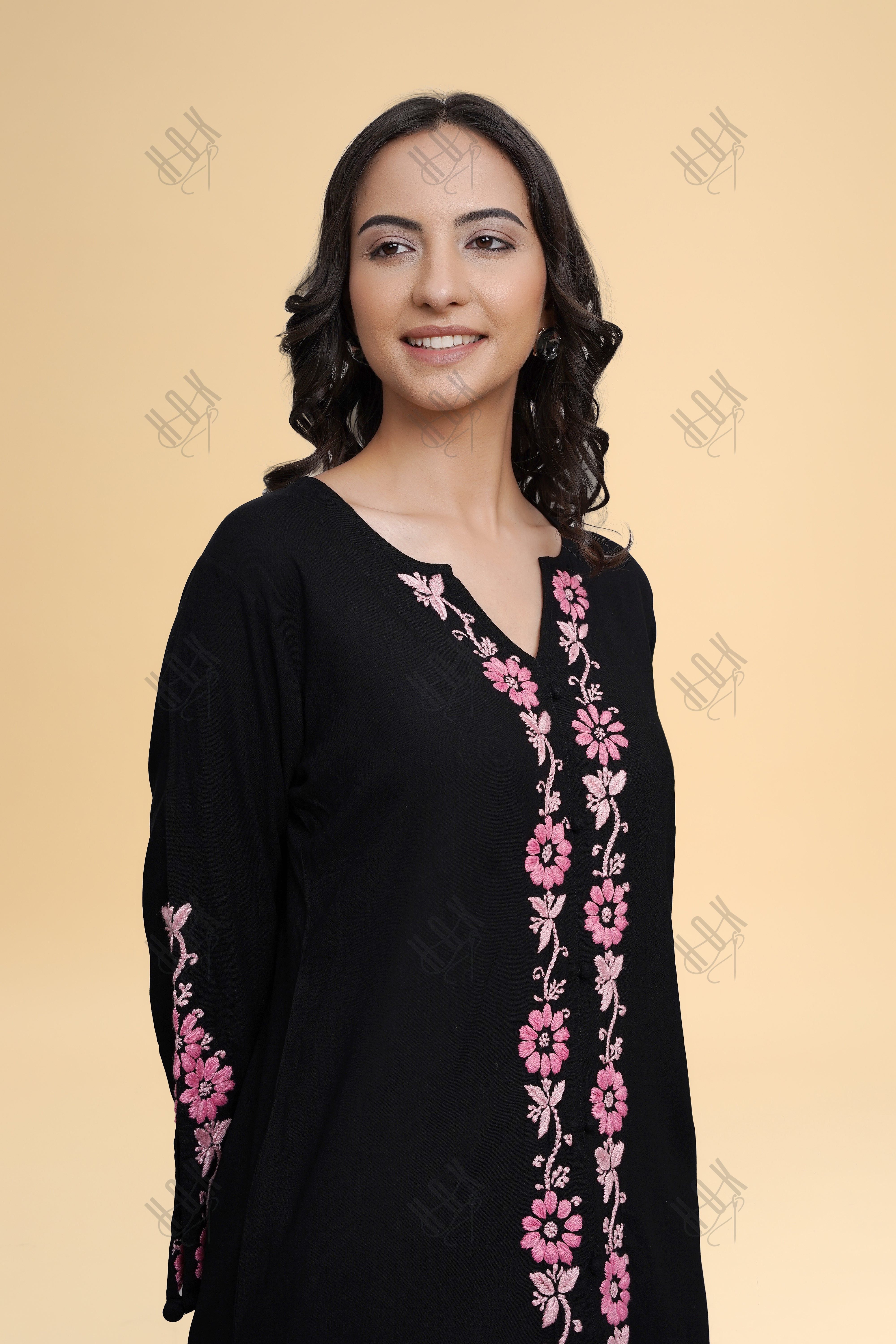 Saba Chikankari Long Kurta in Rayon Cotton - Black