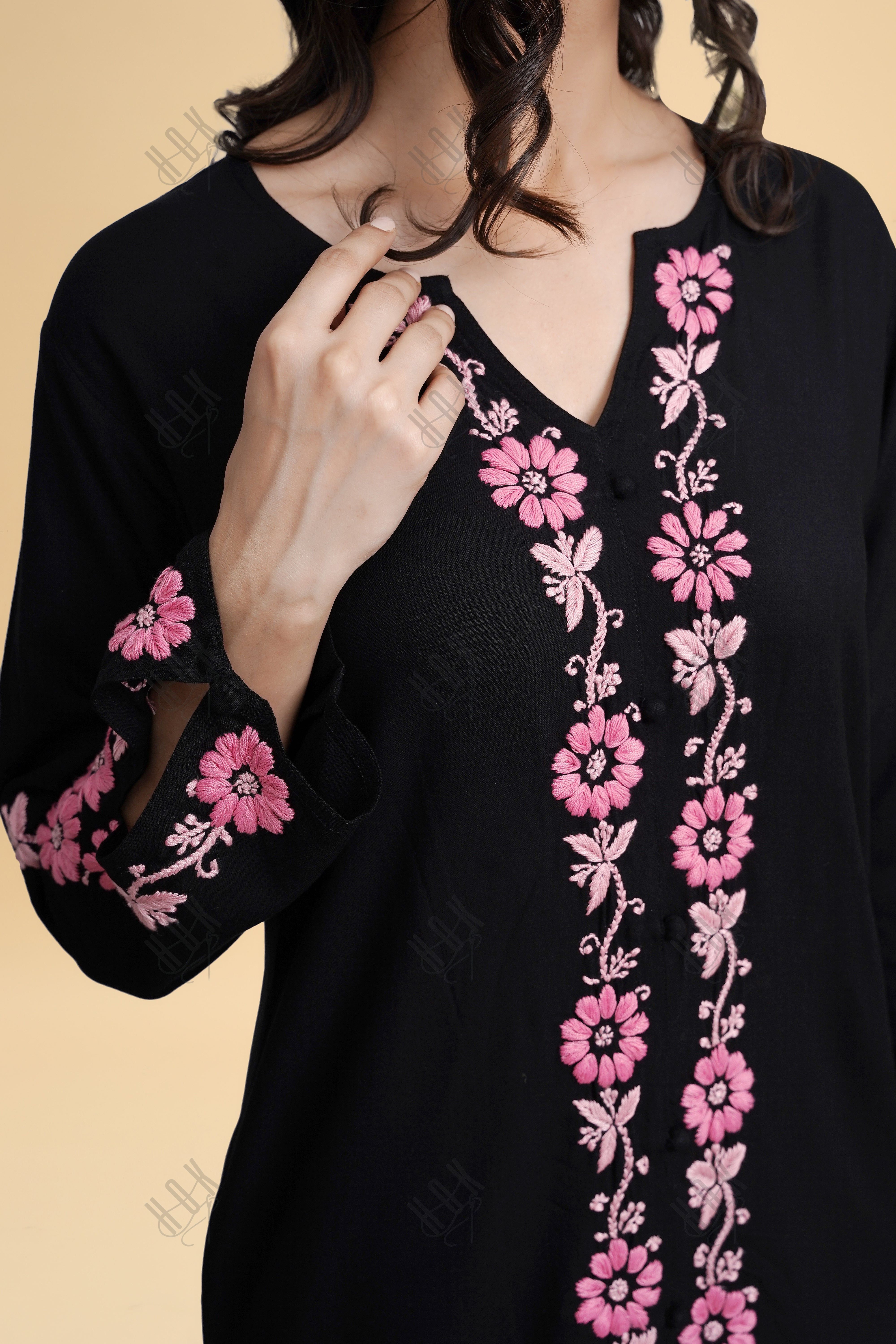 Saba Chikankari Long Kurta in Rayon Cotton - Black